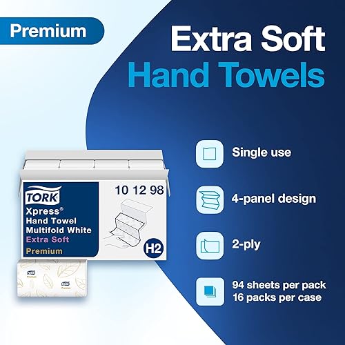 Miniatura 2 de Tork Xpress 101298 - Toalla de mano extra suave multipliegue color blanco con hoja azul H2, premium, 4 paneles, alto rendimiento, absorbente, 2
