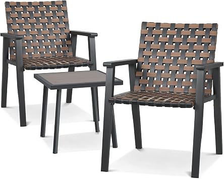 Magshion 3-Piece Outdoor Patio Furniture Set PE Rattan Wicker All-Weather Chairs and Wooden Coffee Table for Garden Backyard Balcony Deck, Black