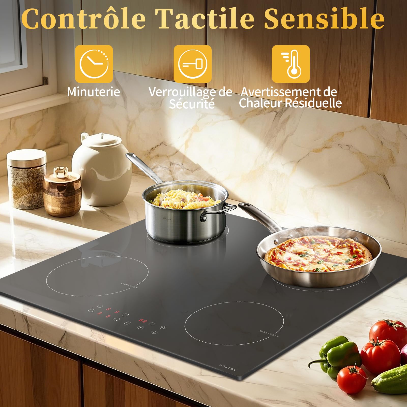 Plaque Induction 4 Feux avec Prise, Plaque de Cuisson Electrique Encastrable, Table de Cuisson Induction 60CM, 6400W Plaque Induction 4 Foyers avec Commande Tactile, Sécurité Enfant, Minuterie