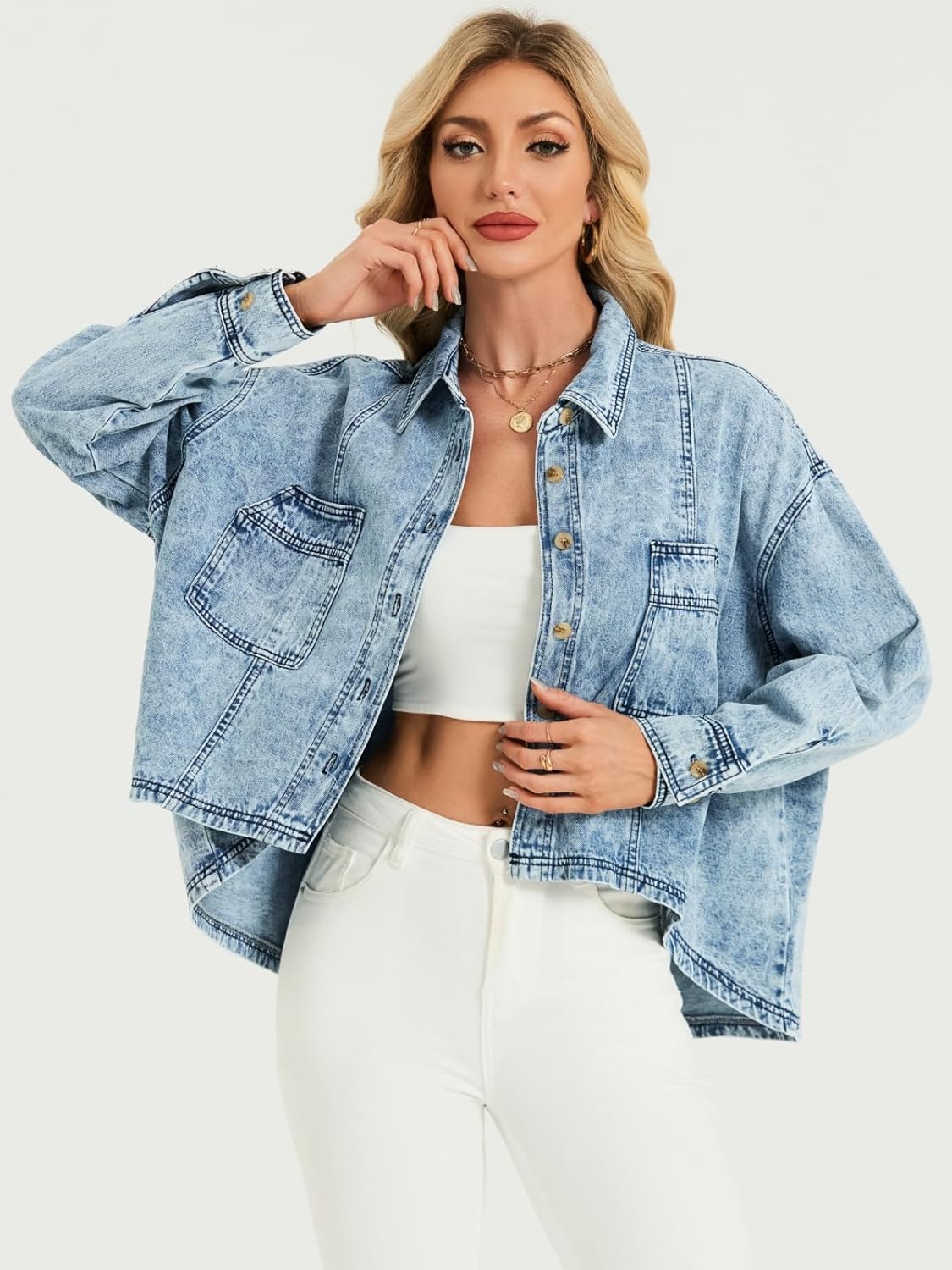 LifeShe Oversized Jean Jacket Women Lightweight Batwing Sleeve Denim Shacket Fall Shirt Trendy 2026 - Image 2