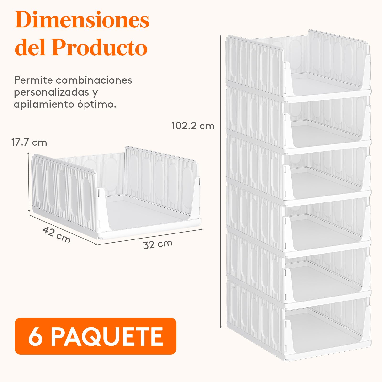 Lifewit Organizador de Armario Apilable, Cajas de Almacenaje Extensibles 24L, Blanco, 6 Pack