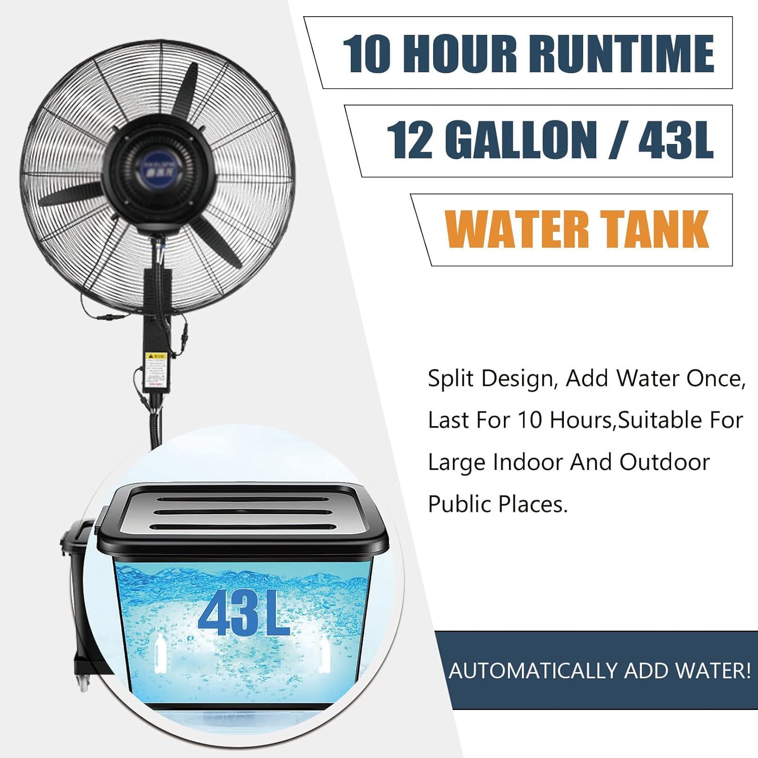 Ventilatore Nebulizzatore da Esterno a Colonna, Regolabile in Altezza con Opzioni Pala 750mm o 650mm, Oscillazione 90°, Serbatoio Acqua Capiente 42L, per Terrazzo, Giardino, Piscina, Barbecue