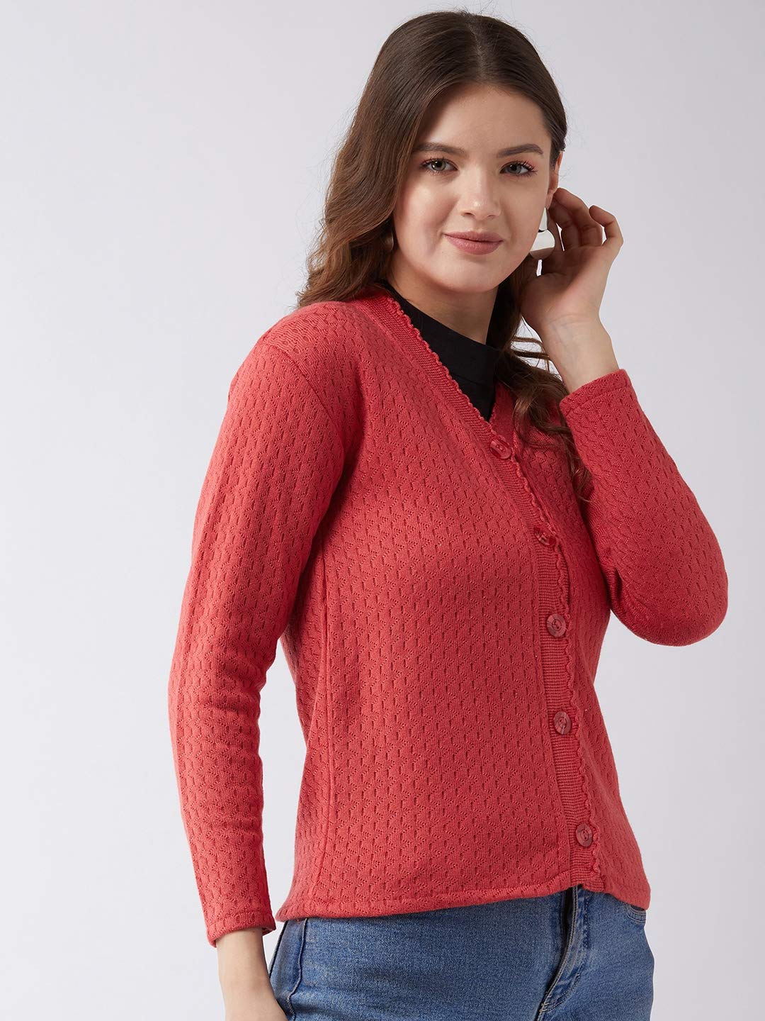 Pivl Self Design V Neck Casual Women Sweater (X-Large, Peach) - Image 4 thumbnail