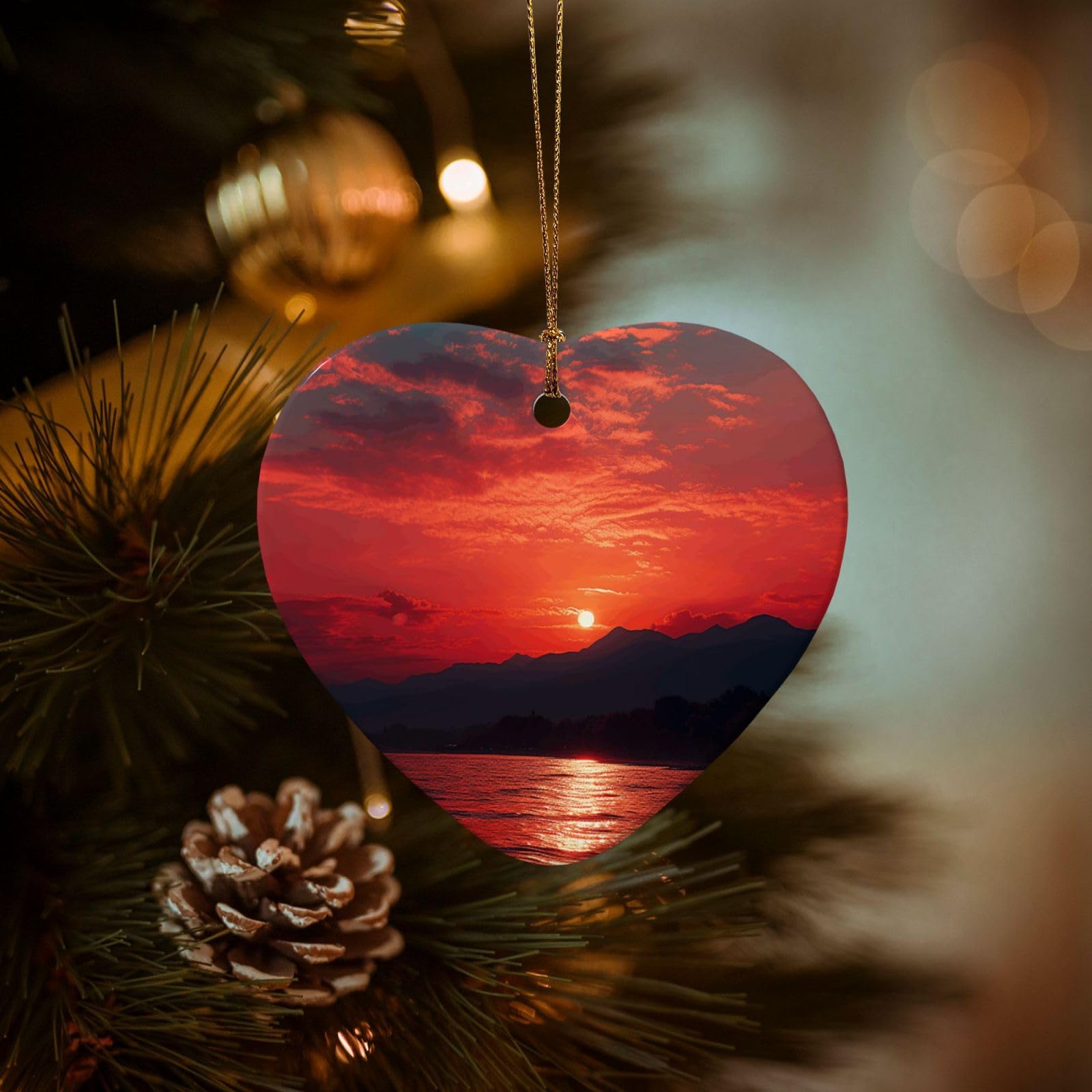 Christmas Tree Ornaments Ceramics Christmas Decorations Fiery red Sunset Ornaments with Gold Ribbon Porcelain Xmas Tree Crafts Heart Shape Hanging Pendant for Christmas Tree Party Decor