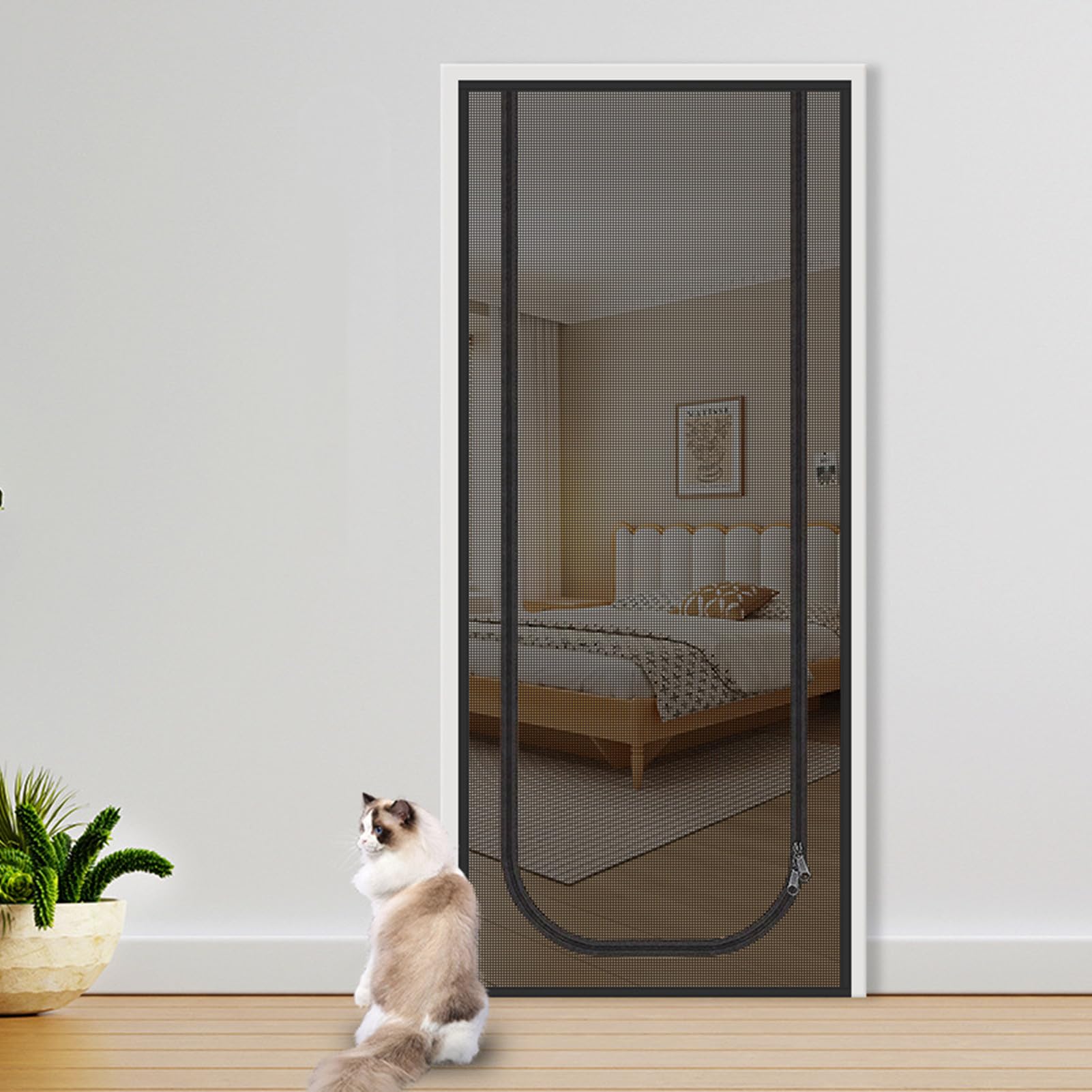 Cat Net for Balcony with Zipper, Pets Screen Door, Prevent Cats from Running, Cat Mesh Door Screen for Living Room, Bedroom, Kitchen, 90 x 210 cm (Black 2)