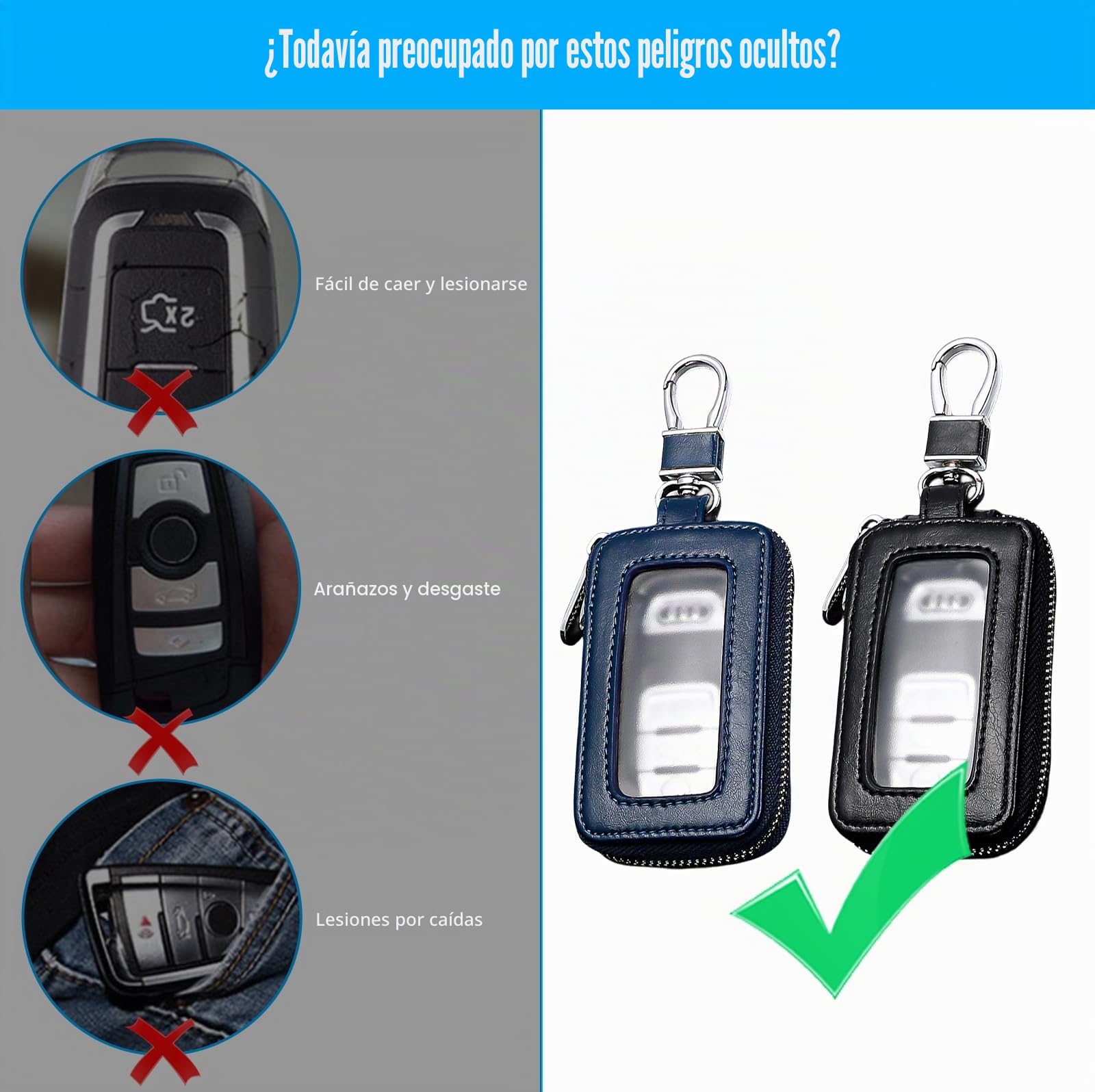 HOMURY 2 llaveros de coche: estuche llavero vintage de piel con cremallera y mosquetón, protección llavero, bolsa llavero universal (negro, azul real)