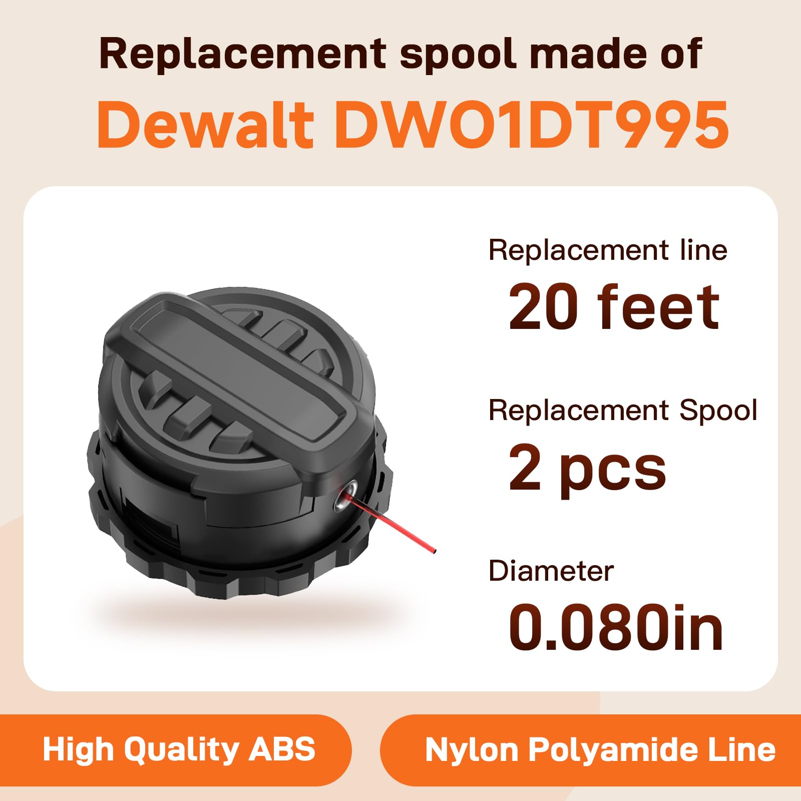DWO1DT995 - Cabezal de repuesto compatible con desbrozadora inalámbrica Dewalt DCST920 DCST925 DCST922 DCST970 DCST991 DCST990, carrete de repuesto de 20 pies y 0.080 pulgadas, paquete de 2