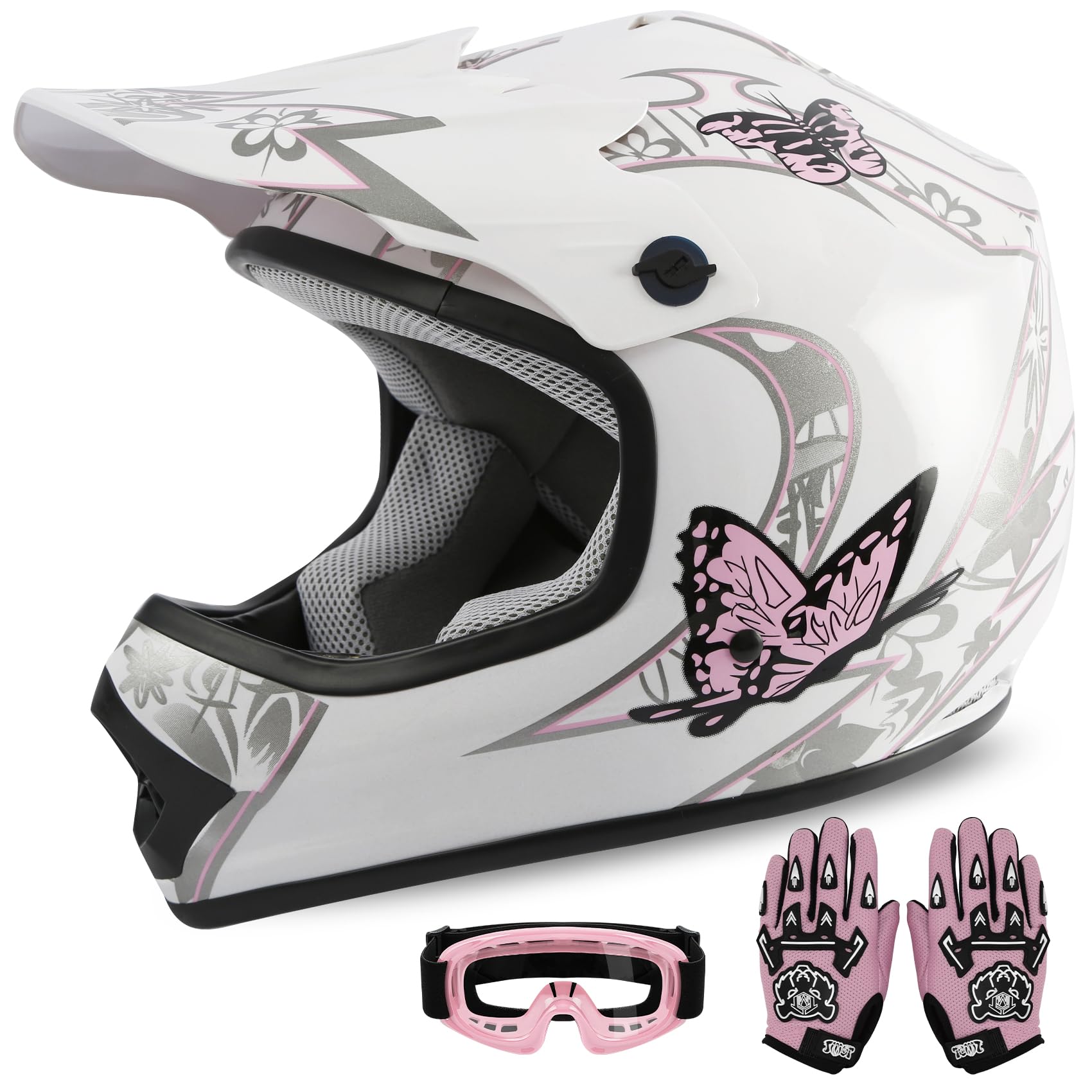 XFMT DOT Youth Kids Dirt Bike Helmet Full Face Motocross Helmets for Off-Road ATV Street Bike Four Wheeler Motorcycle with Goggles & Gloves, Pink Butterfly Small