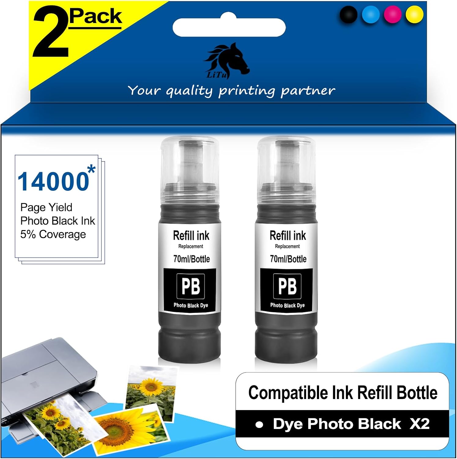 2-Pack Compatible Photo Black PB Ink Refill Bottles Replacement for ET-8500 ET-8550 ET8500 ET8550 8500 8550 Printer PK PBK (Not Sublimation Ink)