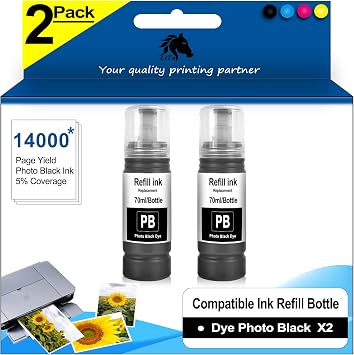 2-Pack Compatible Photo Black PB Ink Refill Bottles Replacement for ET-8500 ET-8550 ET8500 ET8550 8500 8550 Printer PK PBK Not Sublimation Ink