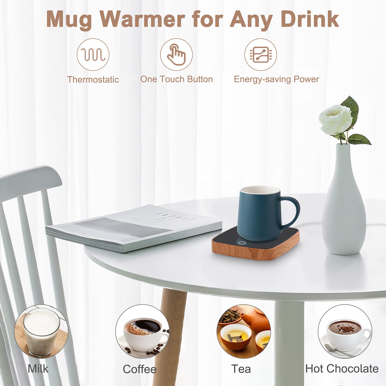Scaldatazze da Caffè, Scalda Tazza scaldabibite, Scaldabevande Elettrico con 3 Impostazioni di Temperatura, Scalda Tazzine da Caffè con Sensore Tattile per tè Caffè Latte (Colore Legno)