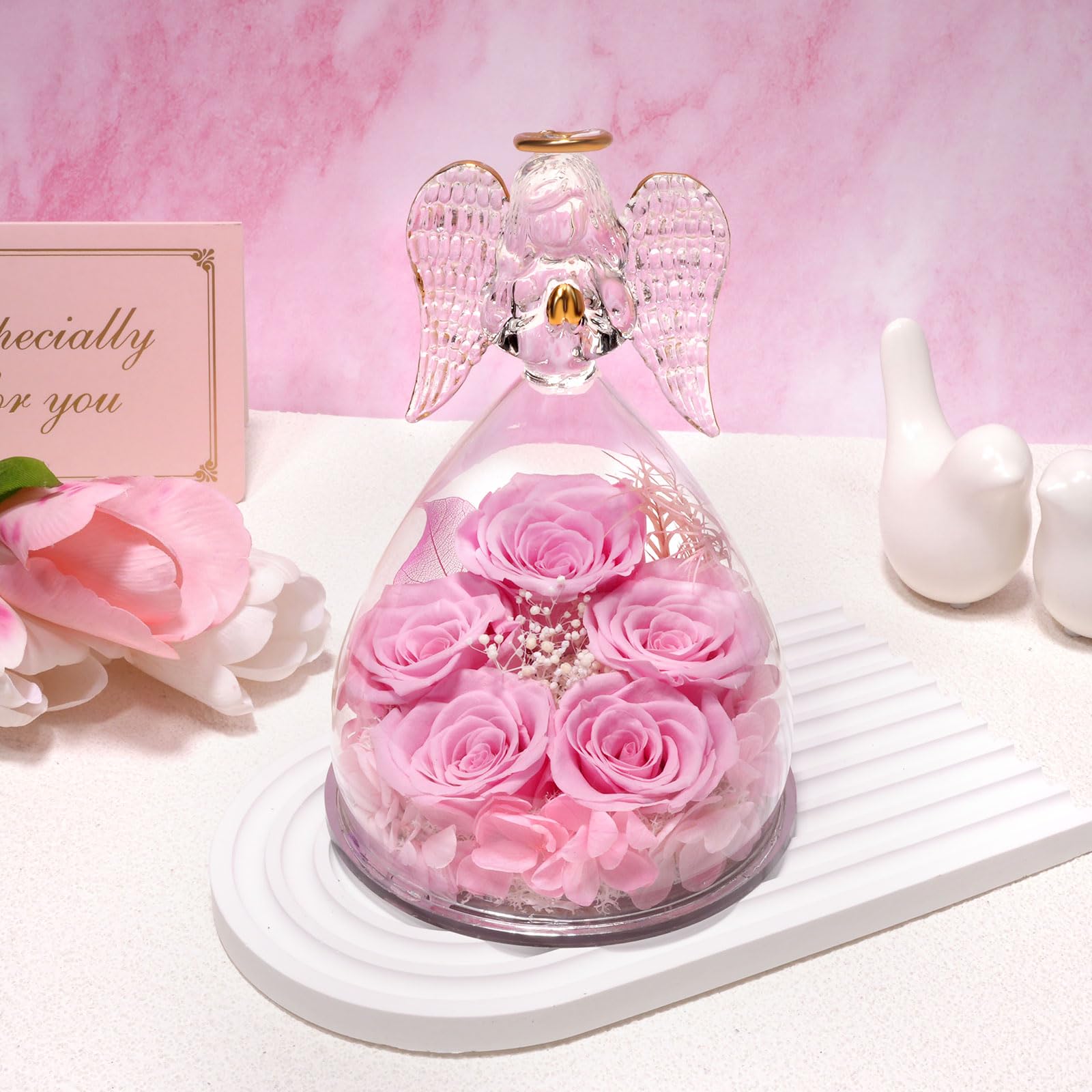 Rosa Eterna In Angelo Di Vetro - Fiore Conservato Regalo Per Mamme, San Valentino, Compleanni