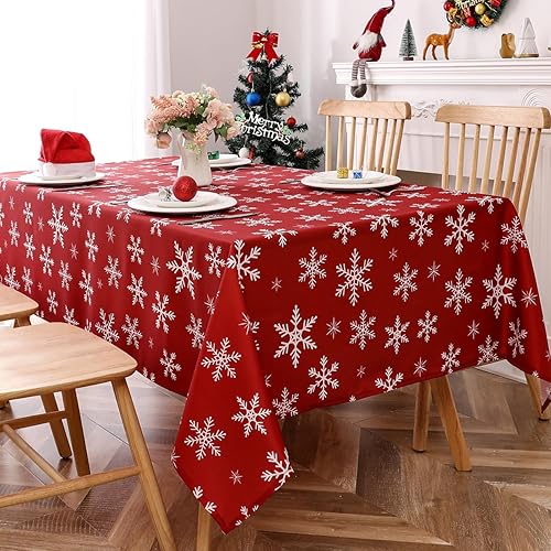 Snowflake Christmas Tablecloth, 59x82 Inch Terylene Red Waterproof Tablecloths for Rectangle Tables, Convenient Storage & Carry, Holiday Tablecloth for Catering, Barbecues, Indoor and Outdoor Use.
