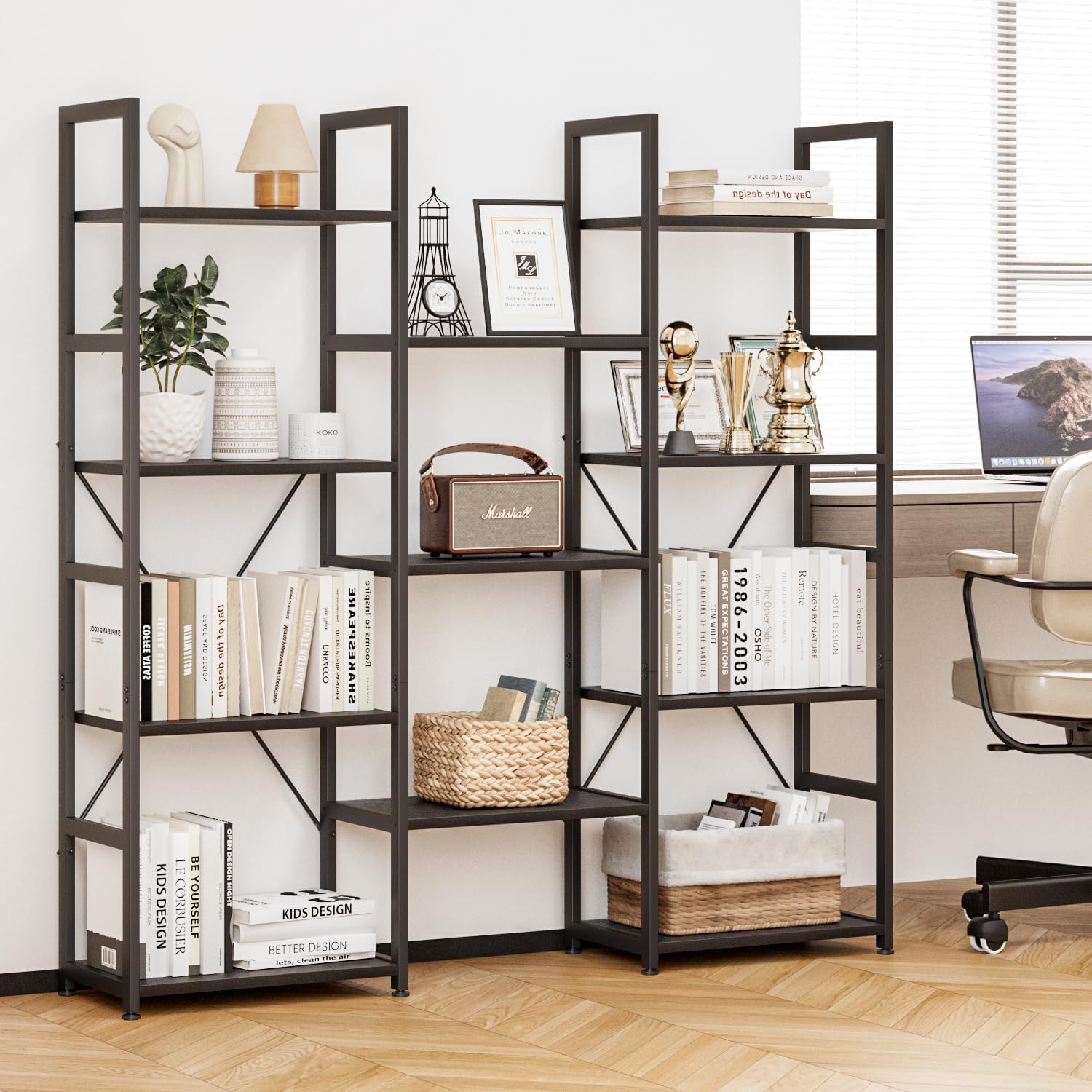 NUMENN Triple Column 4 Tier Bookshelf, Bookcase with 11 Open Display Shelves, Adjustable Rustic Industrial Style Book Shelves, Modern Bookshelves for Bedroom, Living Room and Home Office, Black Black 4 Tier(Regular)