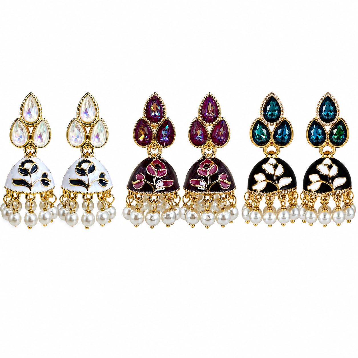 Aspire Brand Store Gold-Toned Floral Jhumka Earrings for Women & Girls with Teardrop Stones, Enamel Design and Pearl Bead Drops-image-9