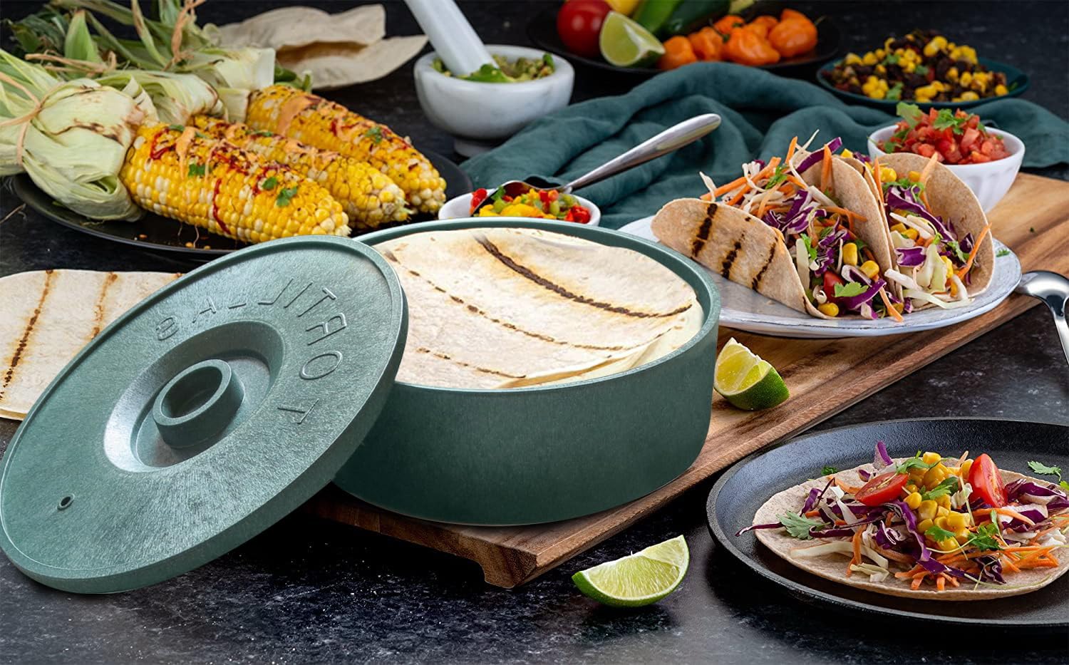 Bene Casa Grüner Tortilla-Wärmer mit 12 Tortilla-Kapazität, sicher, BPA-frei, Tortilla-Wärmer | mikrowellengeeigneter Tortilla-Halter | Aufbewahrungsbehälter – Fladenbrot, mexikanische Taco-Tortillas