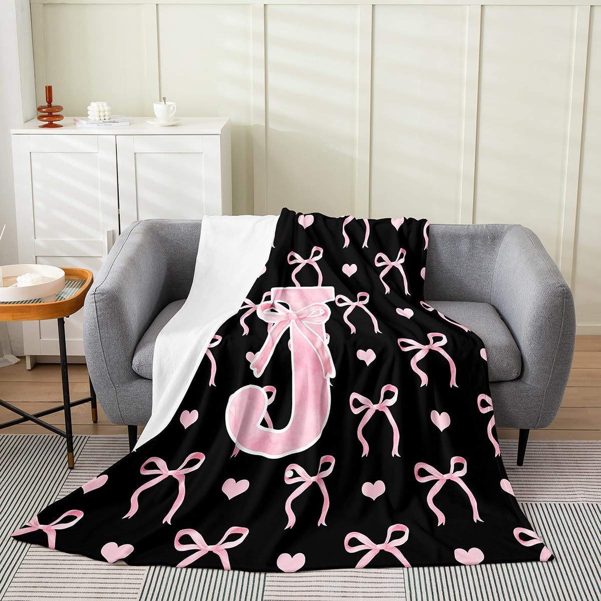Erosebridal Initial Alphabet J Flannel Blanket Queen Inch for Girls Black Pink Bow Fleece Blanket Geometric Cute Love Heart Letter Ombre Sweet Princess Microfiber Fuzzy Plush Throw