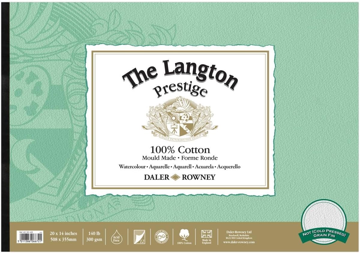 Daler-Rowney The Langton Prestige Hot-Pressed Watercolour & Gouache 300gsm 12 x 9 in Paper Pad, Glued 1 Side, 12 Natural White Sheets, Ideal for Professional Artists & Students