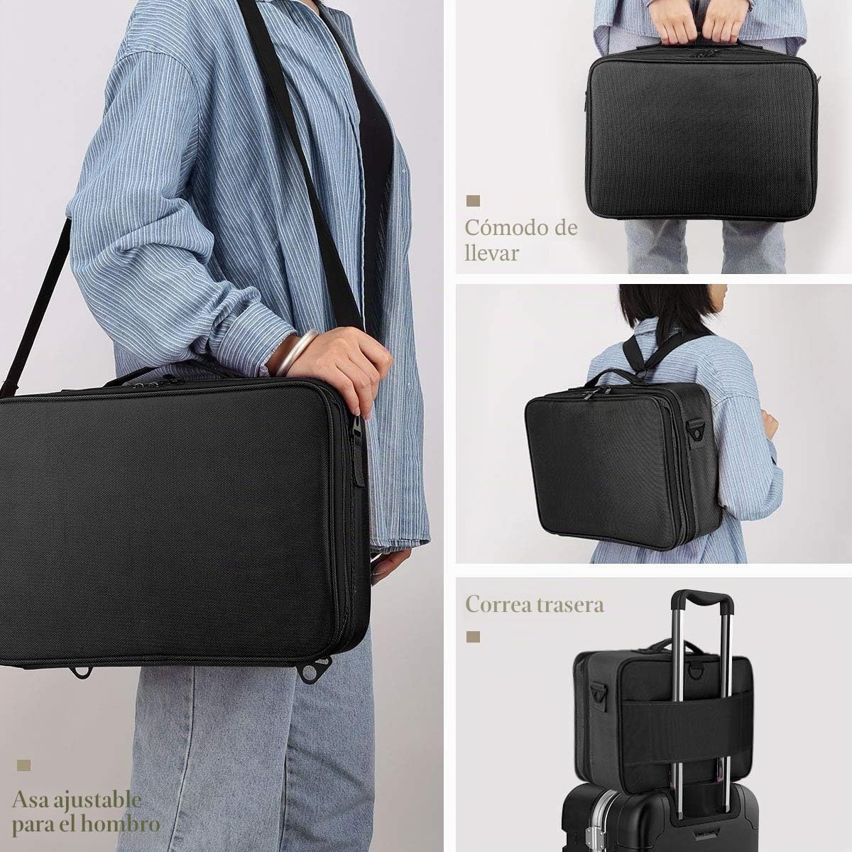 Luxspire Neceser Maquillaje con Divisor y Espejo para Mujer, Viaje Maletin Maquillaje Aseo Maleta Maquillaje Bolsa para Cosméticos, Organizador Estuche con Correa para Viaje Mujer, L - Negro