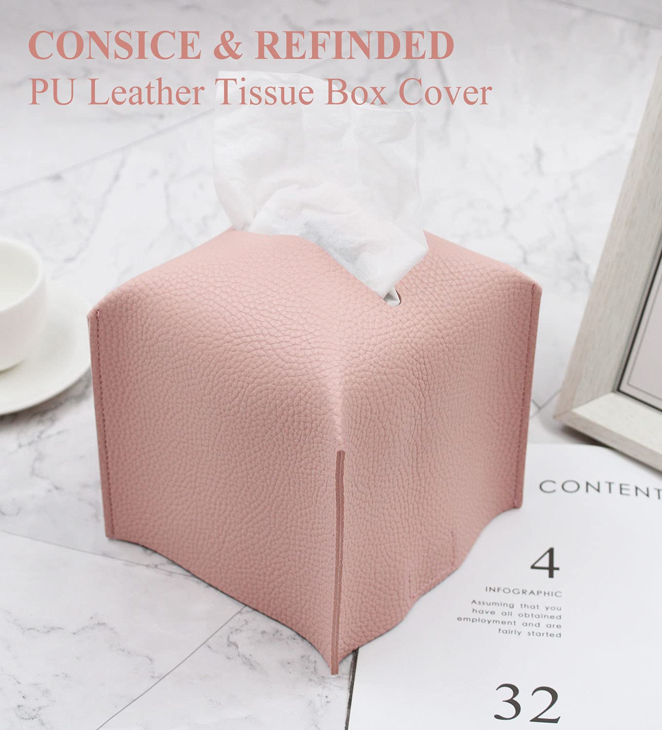 PENGLONG Tissue Box Cover 5X5X5'' PU Leather Tissue Holder Square Tissue Cube Box Organizer For Bathroom Vanity Countertop, Car, Night Stands, Office, Home, Kitchen (SnakeApricotYellow, 1Pack