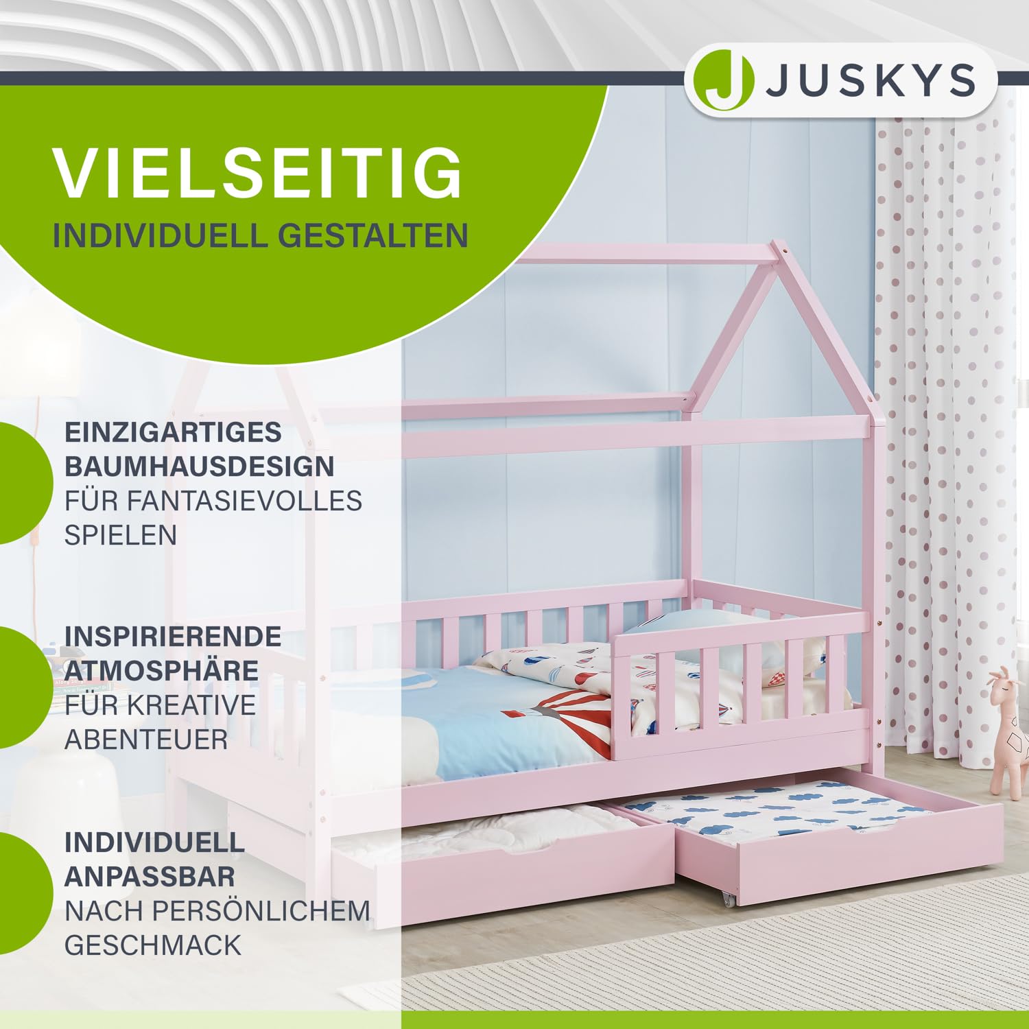 Juskys® Kinderbett Marli 80 x 160 cm mit Bettkasten 2-teilig, Rausfallschutz, Lattenrost & Dach - Massivholz Hausbett für Kinder - Bett in Rosa