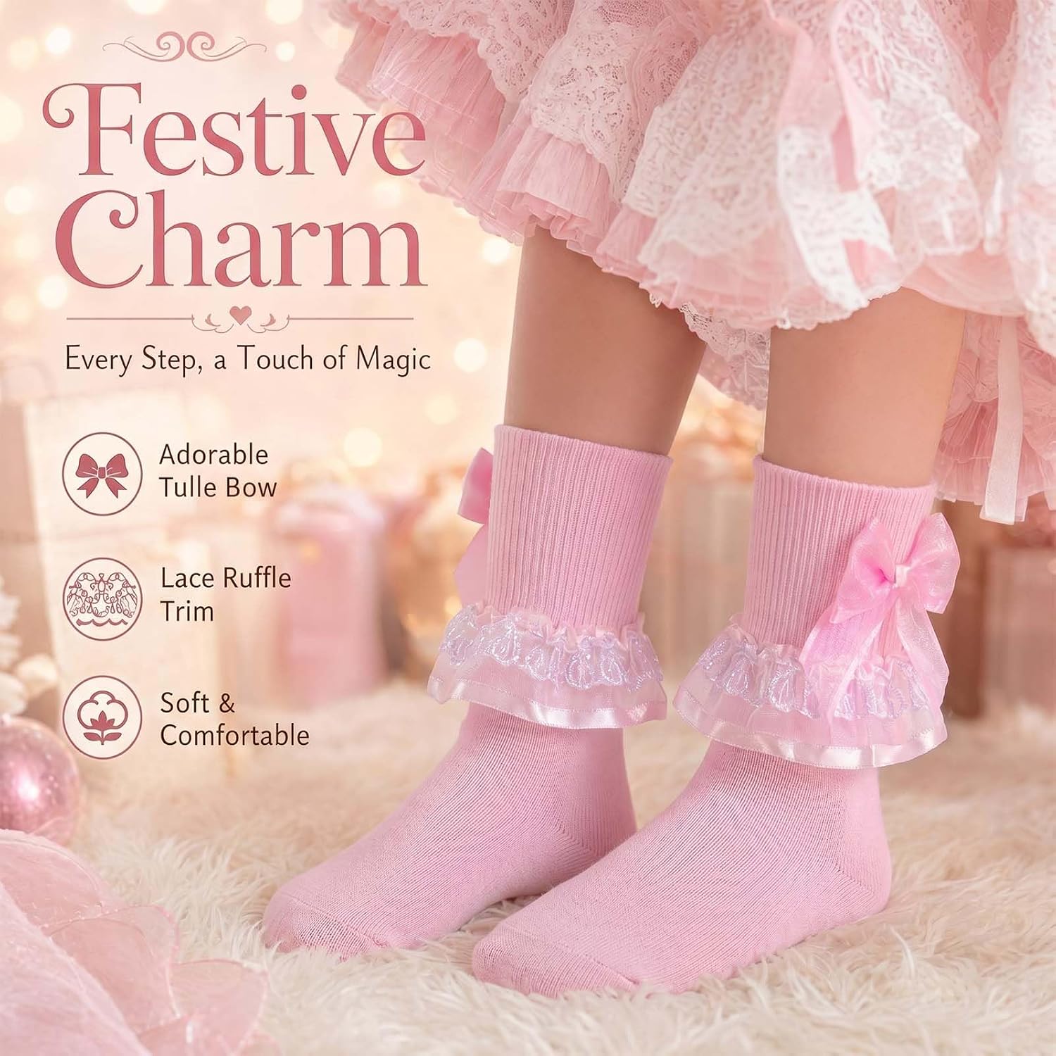 Girls Ruffle Socks Toddler Girl Frilly Dress Socks Bow Ruffled Lace Sock for Little Girls Baby Kids 1-10 Years