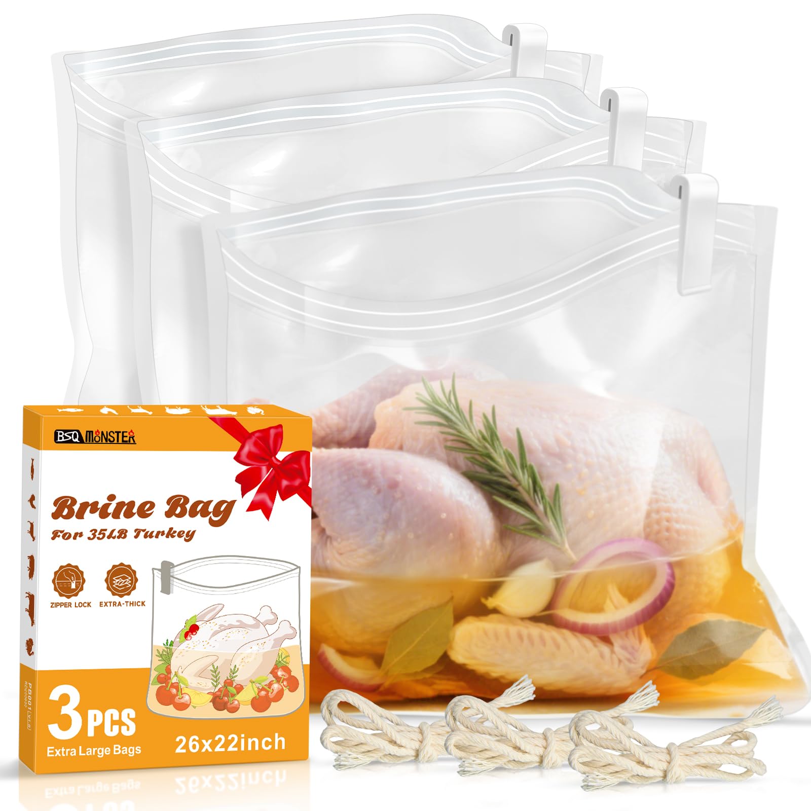 Turkey Brine Bag, Brining Bags for Turkey 25LB and Above with 3 Strings and Clips, Gifts for Mom, Dad or Men Who Loves Cooking in Kitchen, 26"x 22"