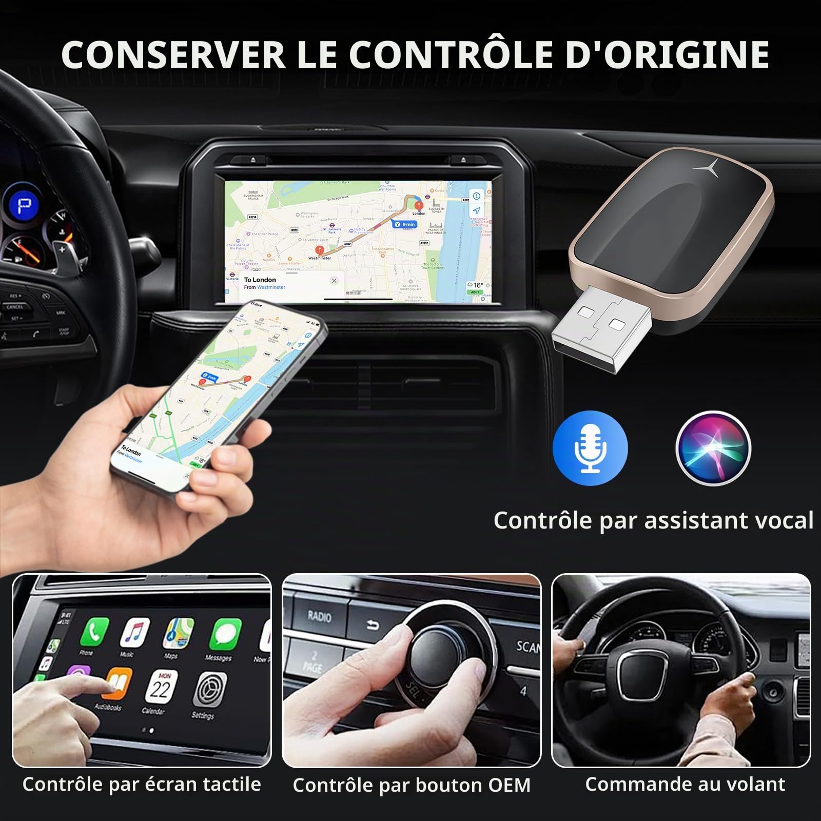 Adaptateur CarPlay sans fil et Android Auto pour voitures avec Wired CarPlay, USB C/A Plug and Play CarPlay Adaptateur 2 en 1 Convertisseur filaire vers sans fil,Mini et Stable, iOS 10+/Android 10+