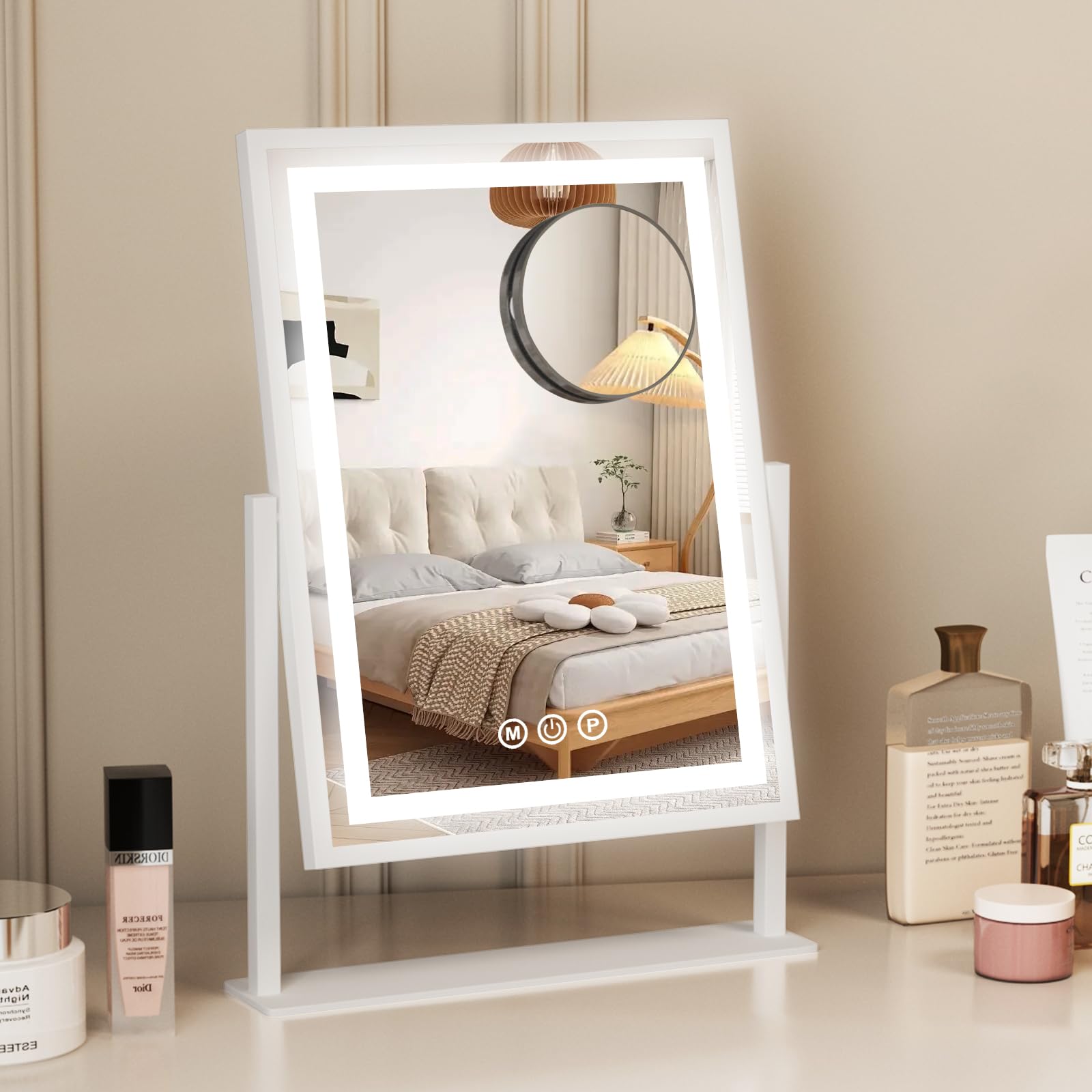 Makeup Mirror with Lighting, Hollywood-Spiegel, 3 Farbtemperaturen, einstellbare Beleuchtung, 360° drehbar, Smart-Touch-Bedienung, Abnehmbarer 10-Fach Vergrößerungsspiegel, 30 x 40 cm