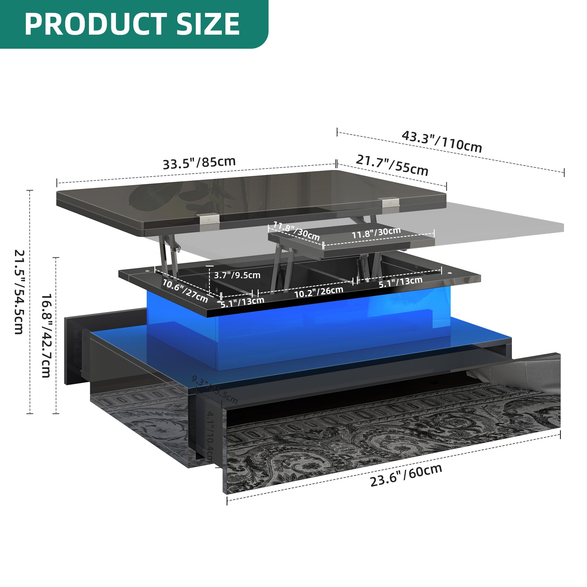 YITAHOME Table Basse Relevable Extensible, Haut Brillant Table de Salon avec LED Moderne et 2 Tiroirs, 4 en 1 Table Basse Transformable pour Le Salon