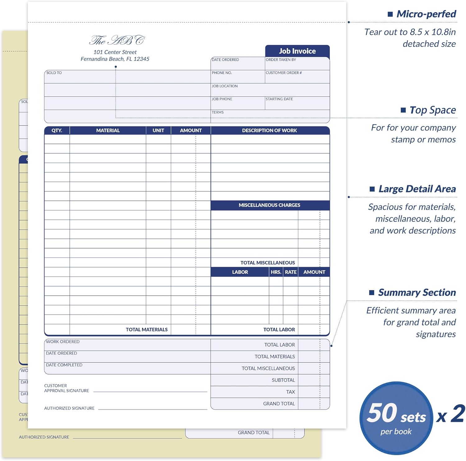 Job Work Order Forms, Large Size Contractor Invoice Book 8-1/2" x 11-7/16", Invoice Receipt Book for Small Business, 2-Part Carbonless Forms, 100 Sets (2 Books)