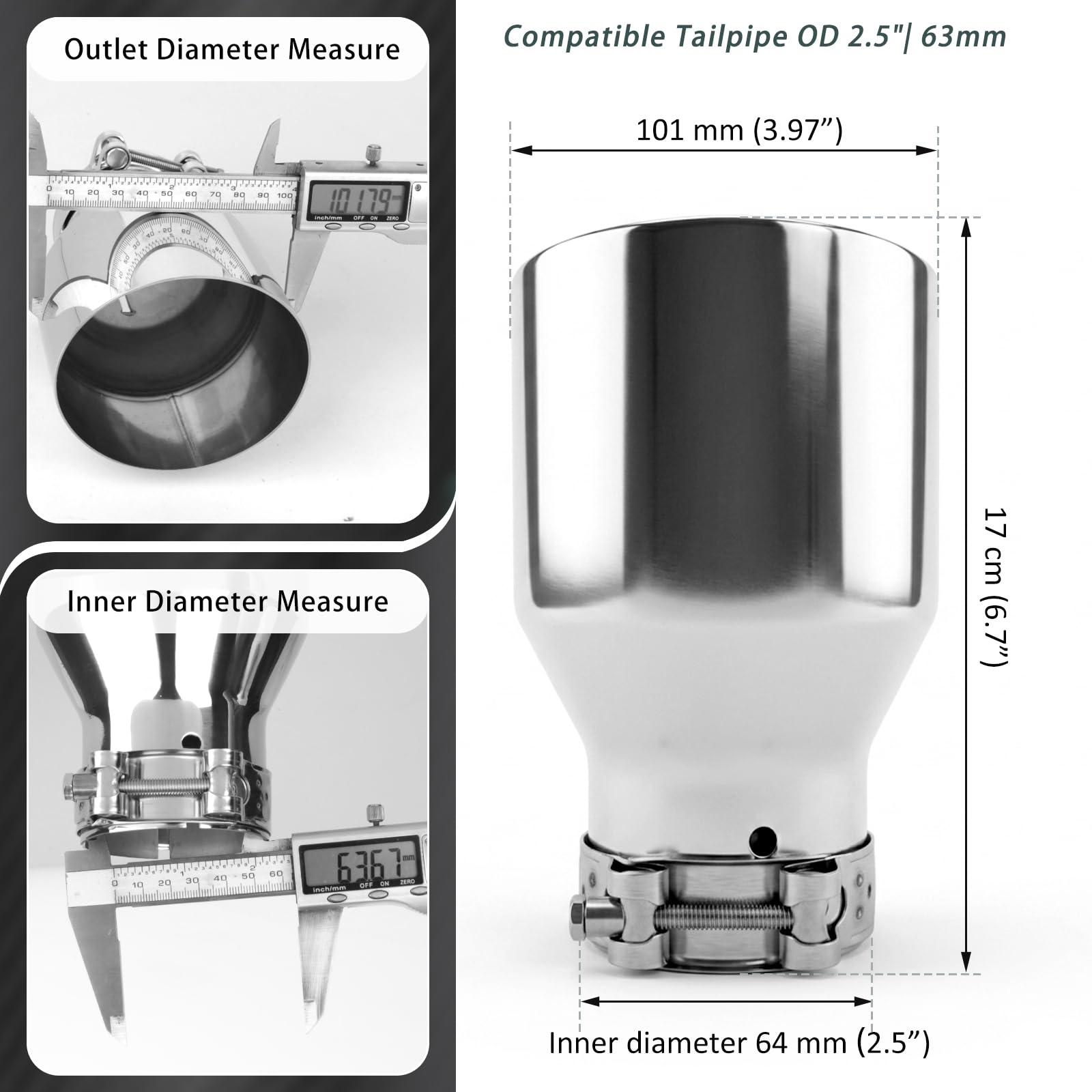 Catekro 2 Pezzi 63mm/2.5" Terminale Scarico Auto Universale, 170 mm di Lunghezza Uscita Scarico in Acciaio Inox Tubo Terminale Marmitta Sportivo per Auto Camion SUV Argento | 170 mm di Lunghezza Uscita Scarico Tubo Terminale Marmitta Sportivo per Auto Cam