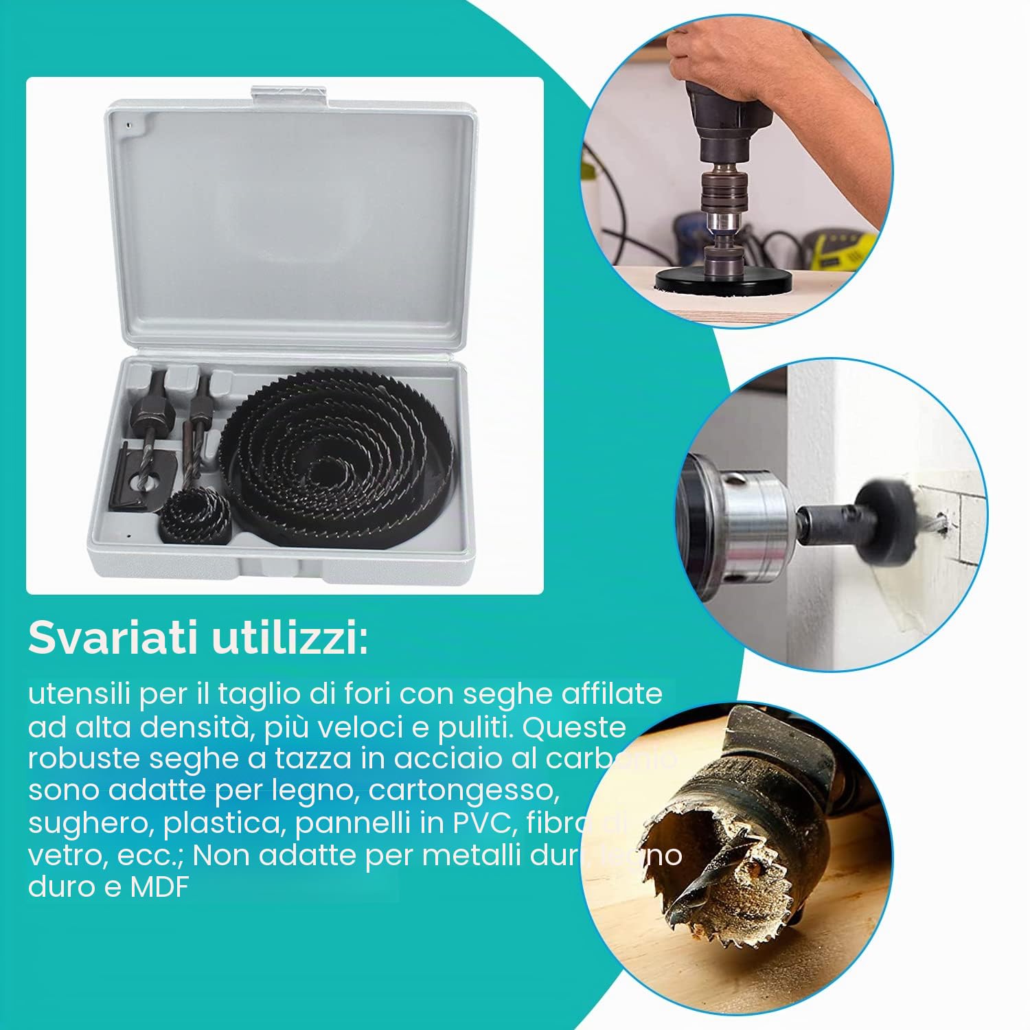 Set di seghe a tazza di alta qualità da 19 pezzi per fori precisi su legno, cartongesso e PVC (1)
