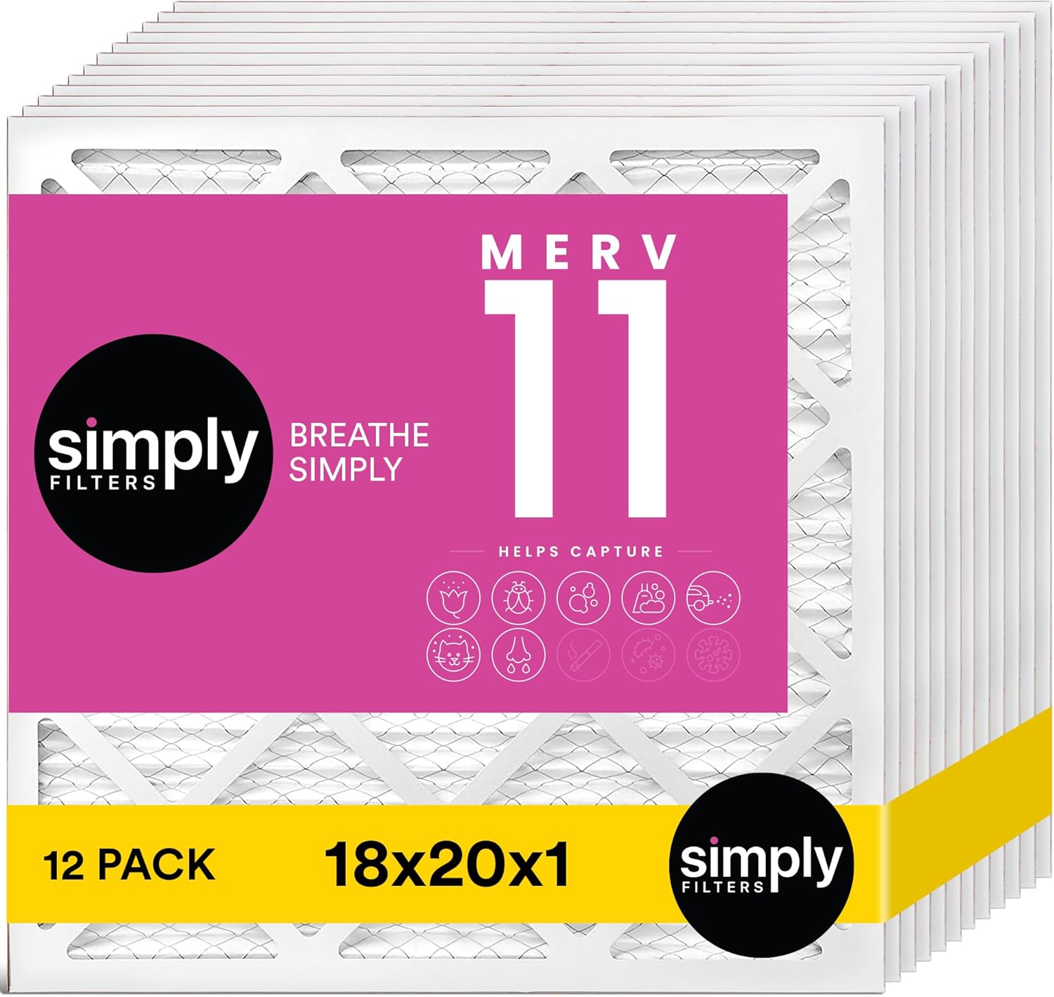 Simply 18x20x1 Air Filter, Merv 11, 12 Pack, For Home AC Furnace & HVAC (Actual Size: 17.75"x19.75"x0.75") DUST, Pet, & Allergy Control