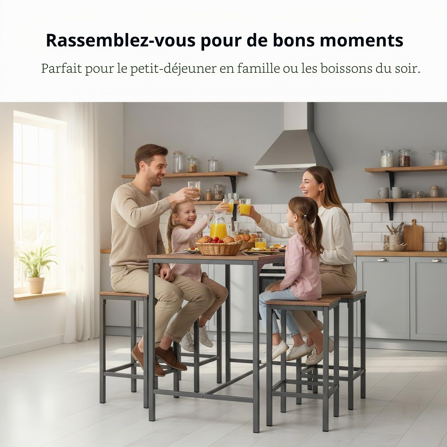 Table de Bar avec 4 Tabourets(30×40×65 cm), Ensemble Table Haute Cuisine 5 Pièces, Table Haute 100×60×90 cm, Structure en Métal et MDF, Convient aux Cuisines, Salons, Bars(Aspect Bois Vieilli)