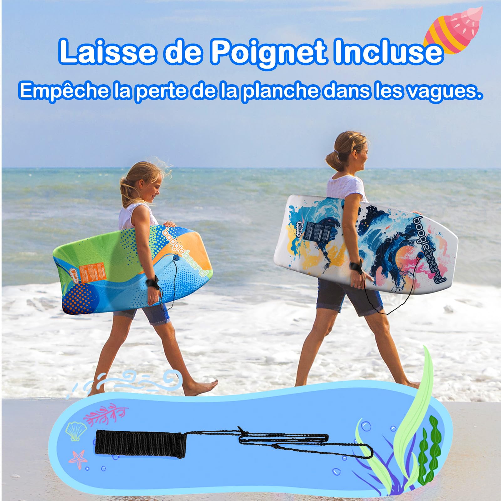 Wham-O Lot de 2 Planches de Boogie, Bodyboard avec Laisse de Poignet, Revêtement Fiberclad Noyau Phuzion, Tail Crescent pour Océan Enfants 5+ Adolescents Adultes - Courbe/Vague