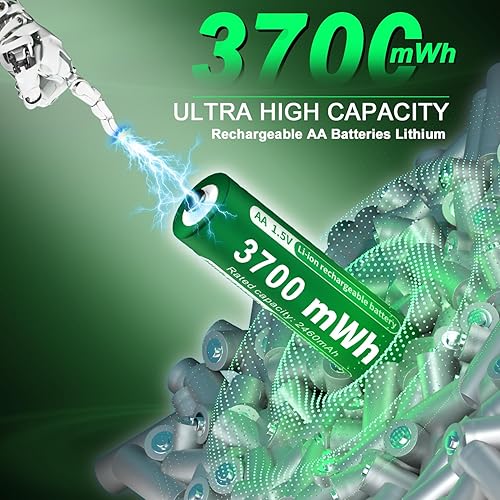 Miniatura 2 de Paquete de 2 baterías de litio recargables con cargador, 16 pilas AA de iones de litio de alta capacidad de 1.5 V 3700 mWh, 1200 ciclos de carga