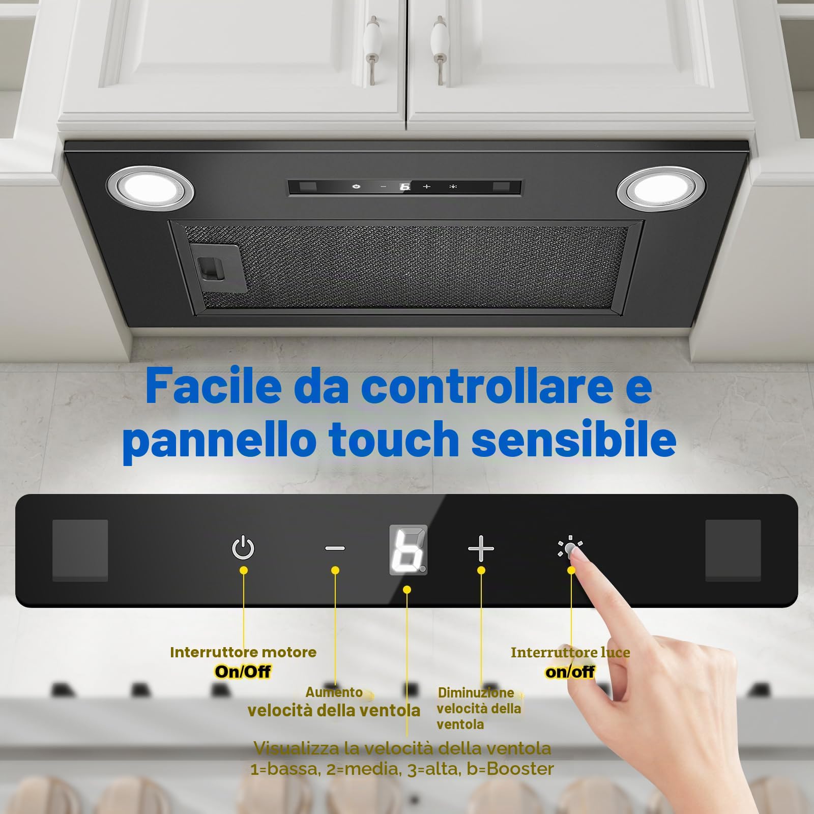 Cappa da incasso 52 cm, 400 m³/h, Nero Cappa da cucina, Comandi Gesto, Tocco, 3 velocità e Booster, Illuminazione a LED, Evacuazione dei condotti e ricircolo con filtro carbone attivo