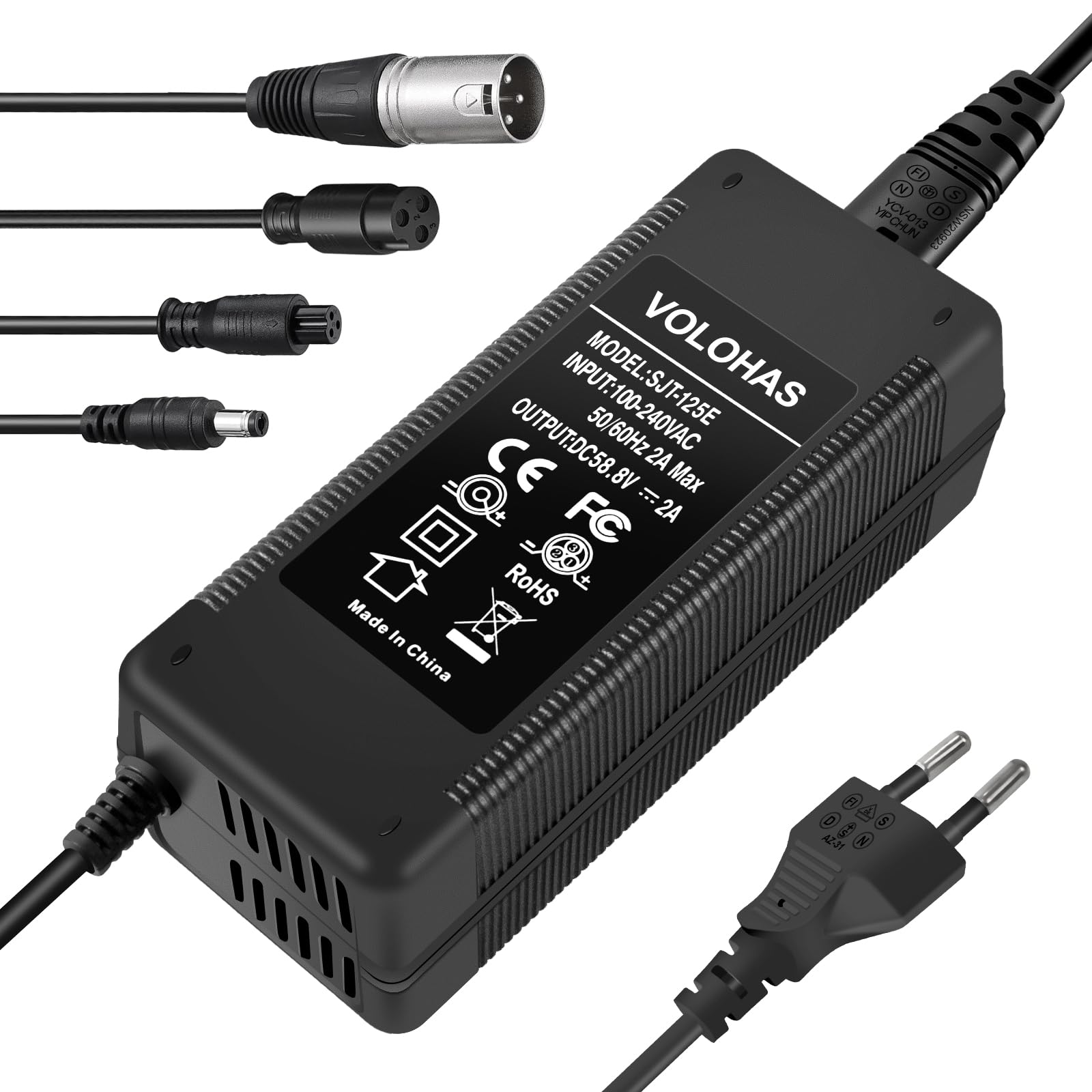 58,8 V 2 A Chargeur pour Kugoo G3/G-Booster Trottinette Électrique, Vélo Électrique, Hoverboard, Câble de Charge avec Fiches d'Interface 4 en 1, 117 W Chargeur de Batterie au Lithium