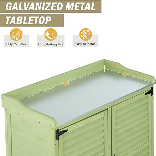 Miniatura 4 de Banco para macetas al aire libre con parte superior de metal Gabinete de almacenamiento de jardín impermeable, estación de herramientas de madera