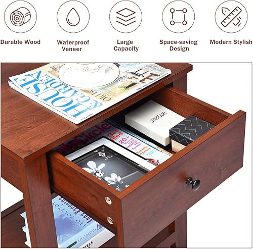 Miniatura 7 de COSTWAY Juego de 2 mesas auxiliares de noche con cajón y estante