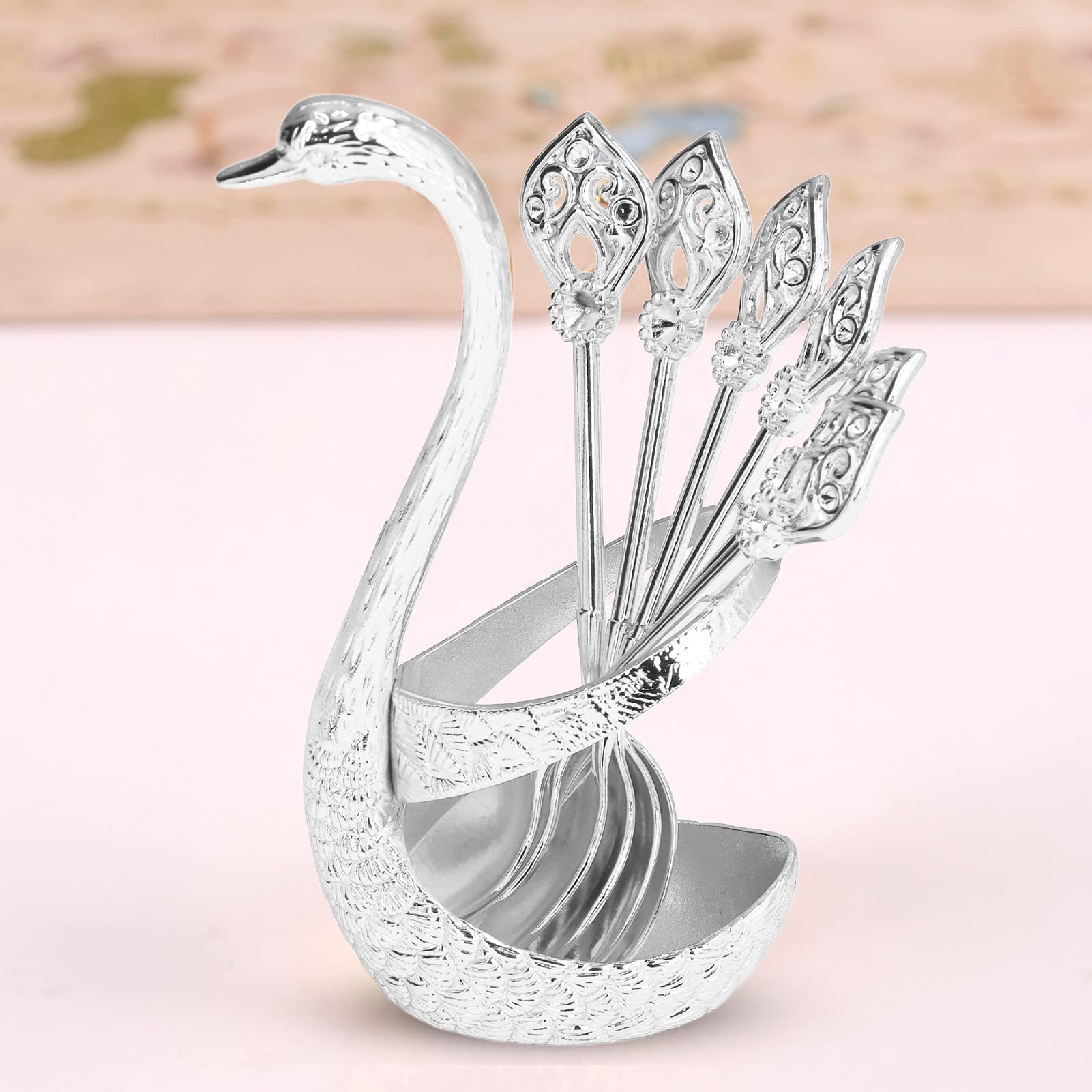 Metal Coffee Dessert Dinner Spoon Set,Coffee Spoon Set,Swan Base Spoon Holder,Coffee Spoon Holder Dessert Spoon Set,with 6pcs Spoons Teaspoon Dessert Flatware for Coffee Fruit Dessert Ice Cream Cake