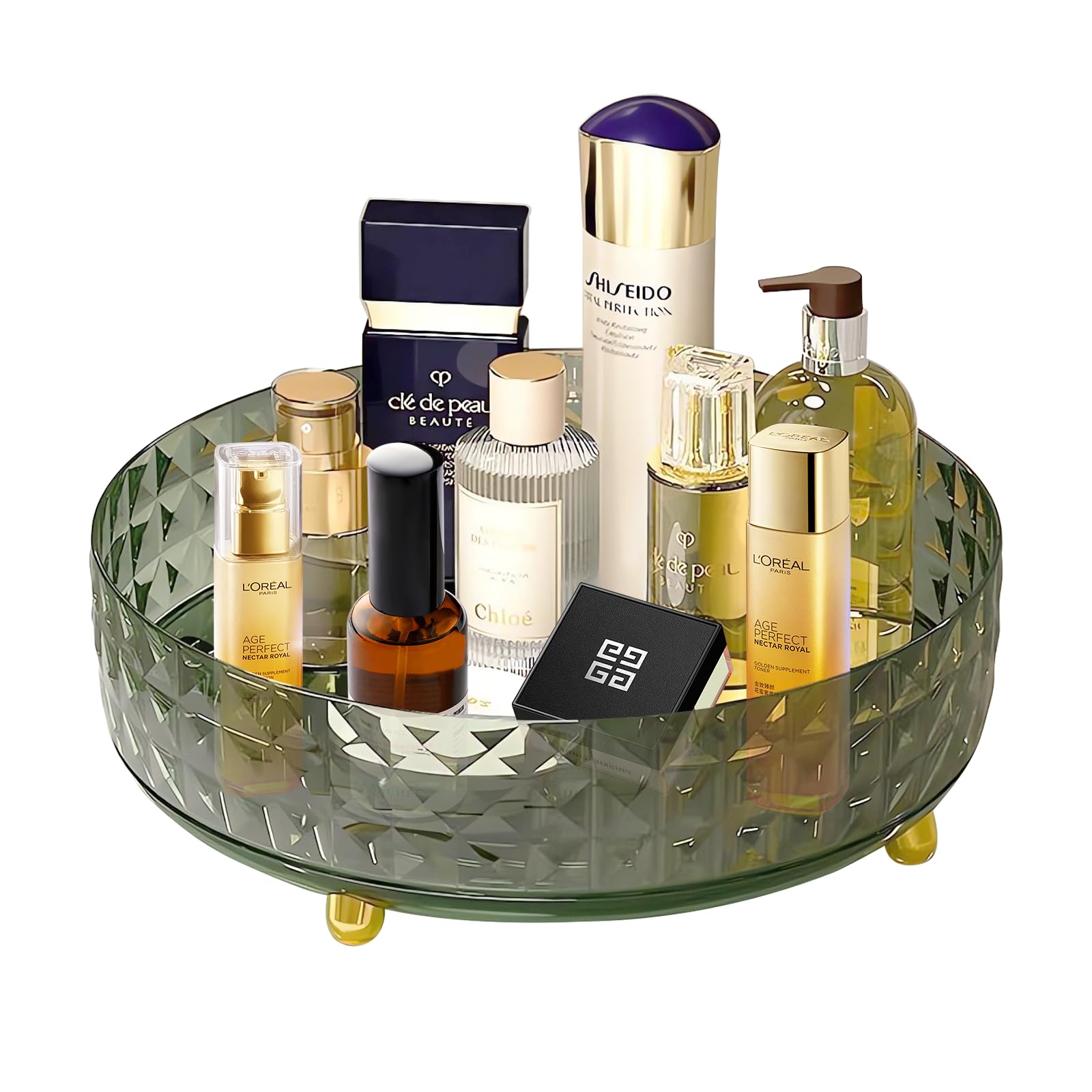 Photo 1 of 360 Rotating Makeup Organizer for Vanity, Cosmetics Skincare Organizer Countertop Perfume Lazy Susan Organizer Bathroom Makeup Countertop Spinning Holder, Cosmetic Storage Display (Green) 1 Tier A - Gem Green