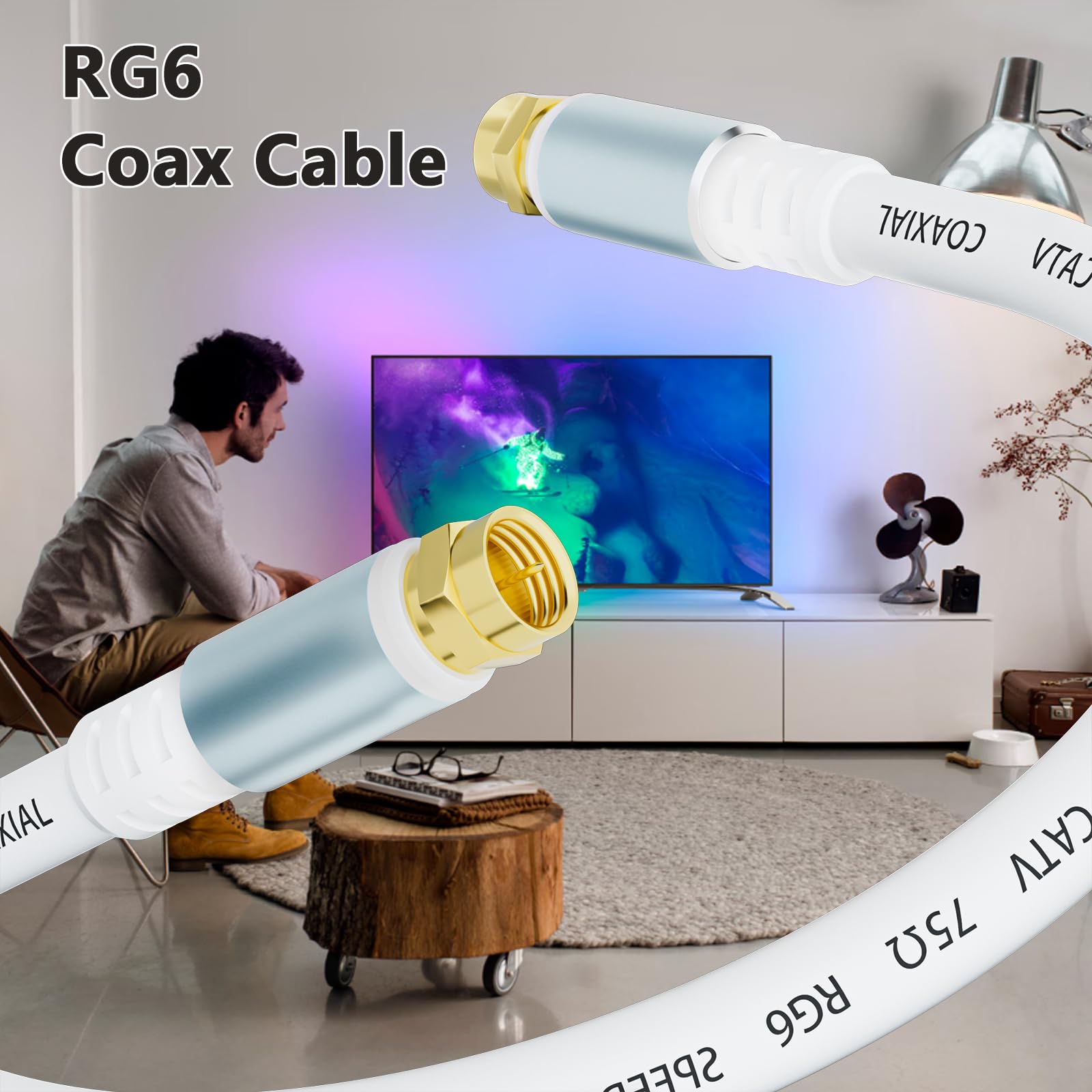 Cable coaxial RG6 blanco de 10 pies para Internet, banda ancha y TV digital, cable de extensión coaxial RG6 de satélite