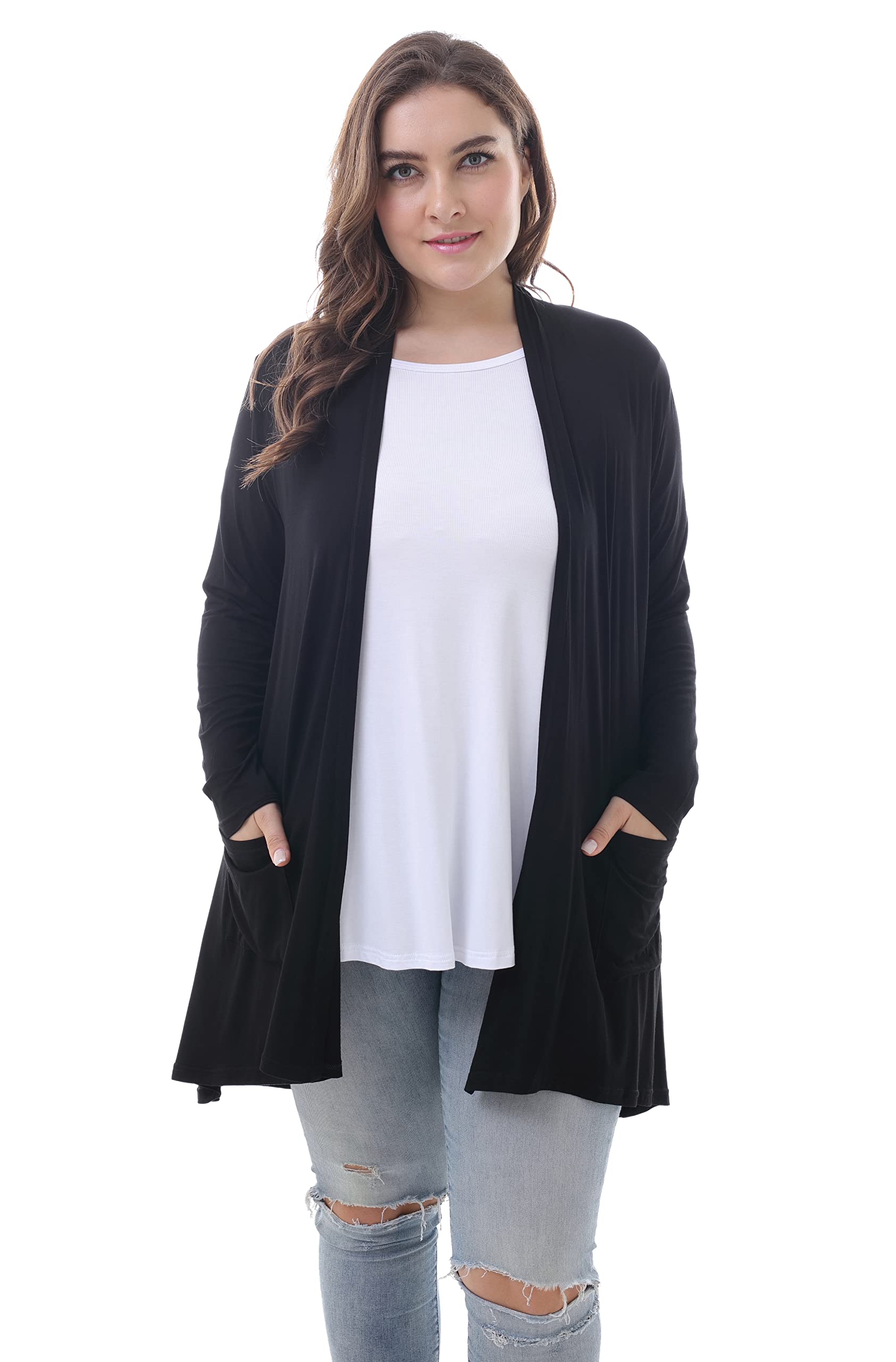 ZERDOCEAN Women's Plus Size Long Sleeve Lightweight Soft Printed Drape Cardigan with Pockets