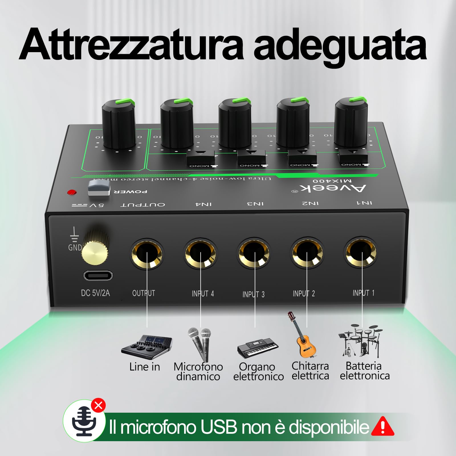 Aveek Mini Line Audio Mixer - Mixer audio piccolo a 4 canali con commutazione stereo/mono e funzionamento a basso rumore per sub-missaggio di precisione, ingresso/uscita TRS da 1/4", ideale per