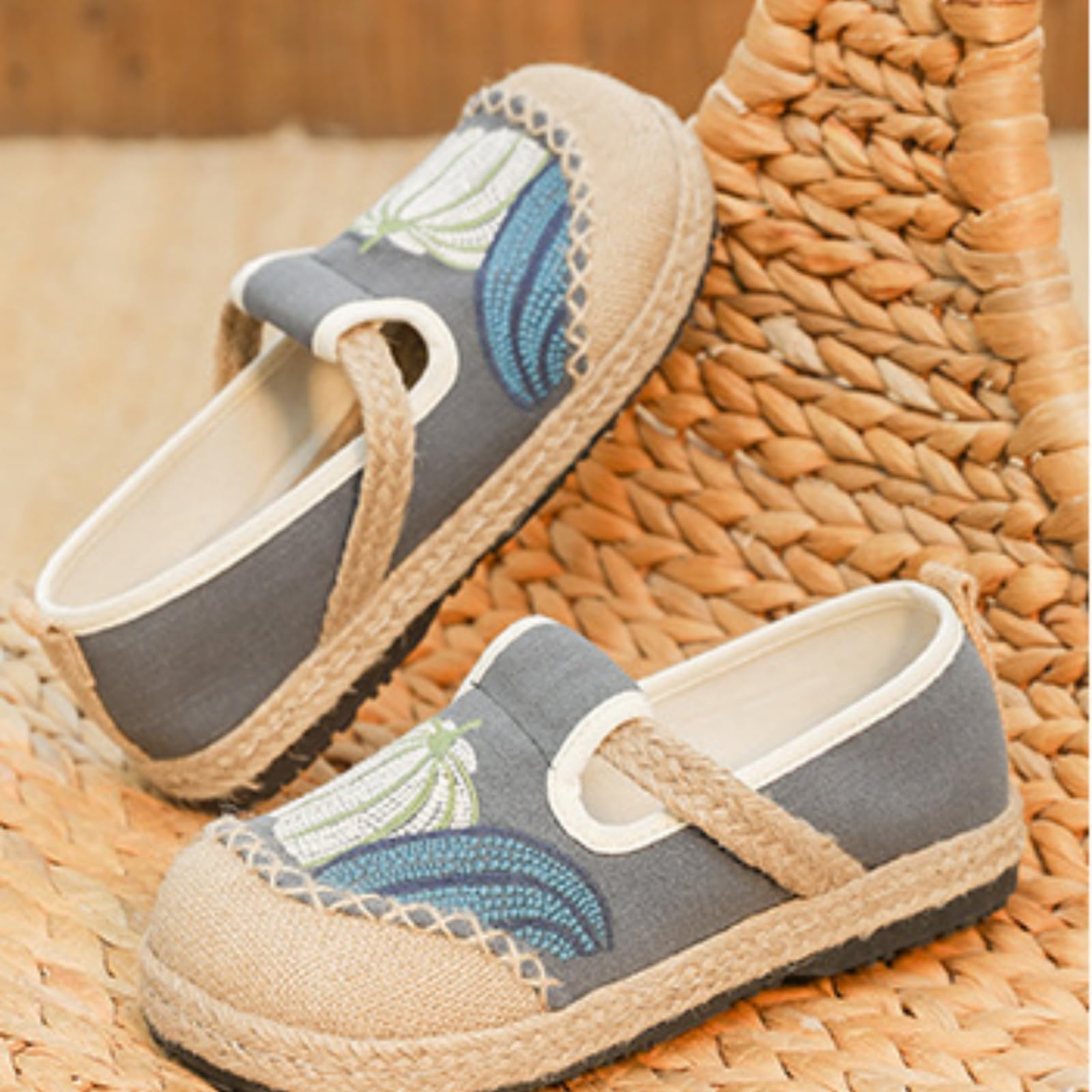 Zoccoli Sanitari Donna Donne Ricamato Fiore Piatto Scarpe da Sposa Casual Driving Walking Loafers Scarpe Traspiranti di Tela di Lino-Grigio-Trentasette