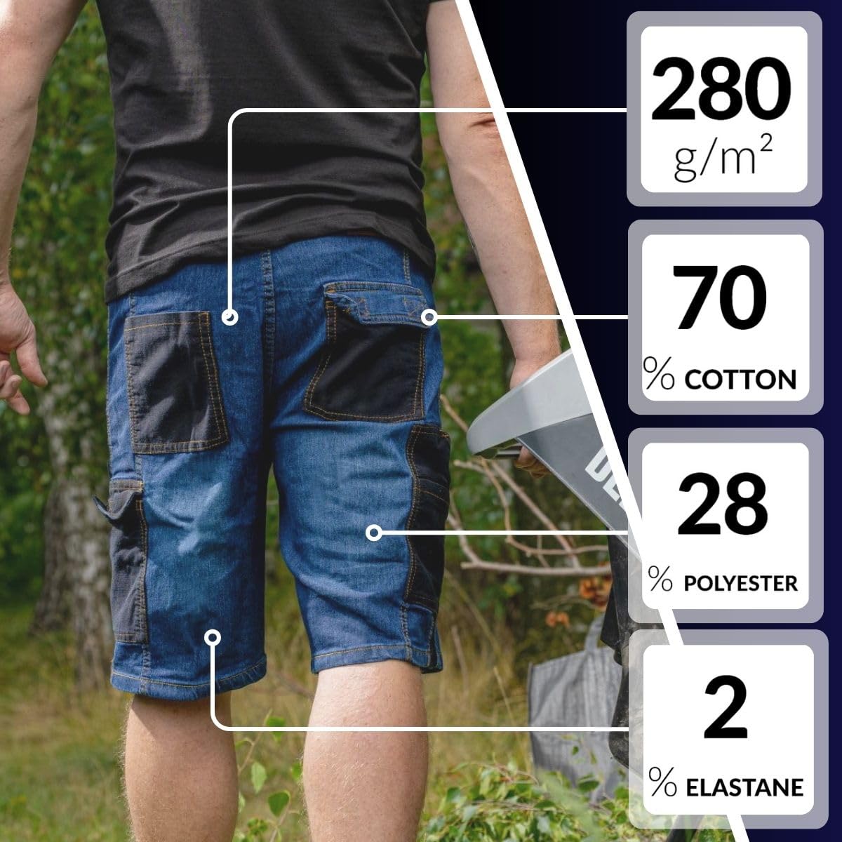 Dedra Jeans-Shorts, Kurze Arbeitsjeans, Denim-Shorts, Gewebegewicht 280 g/m², Slim-Fit-Design, Funktionale Schwarze Taschen - Zwei mit Klettverschluss, Einsätze aus elastischem Material, Metallknopf