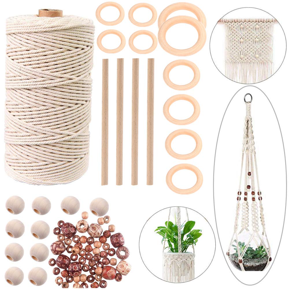 3mm Macrame Cord for Plant Hanger, Dream Catcher, 200m Macrame Rope Starter Kit Cotton Cord Rope with Wood Rings, Beads and Sticks, Natural Macrame Cotton String for Craft Decoration DIY
