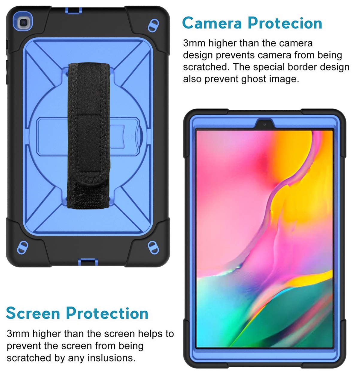 Etui na tablet do Galaxy Tab A 10.1 (2019), wytrzymały pokrowiec ochronny z wbudowaną podstawką, paskiem na rękę i paskiem na ramię do Samsung Galaxy Tab A 10.1 (2019) / SM-T510 / SM-T515 czarny + niebieski)